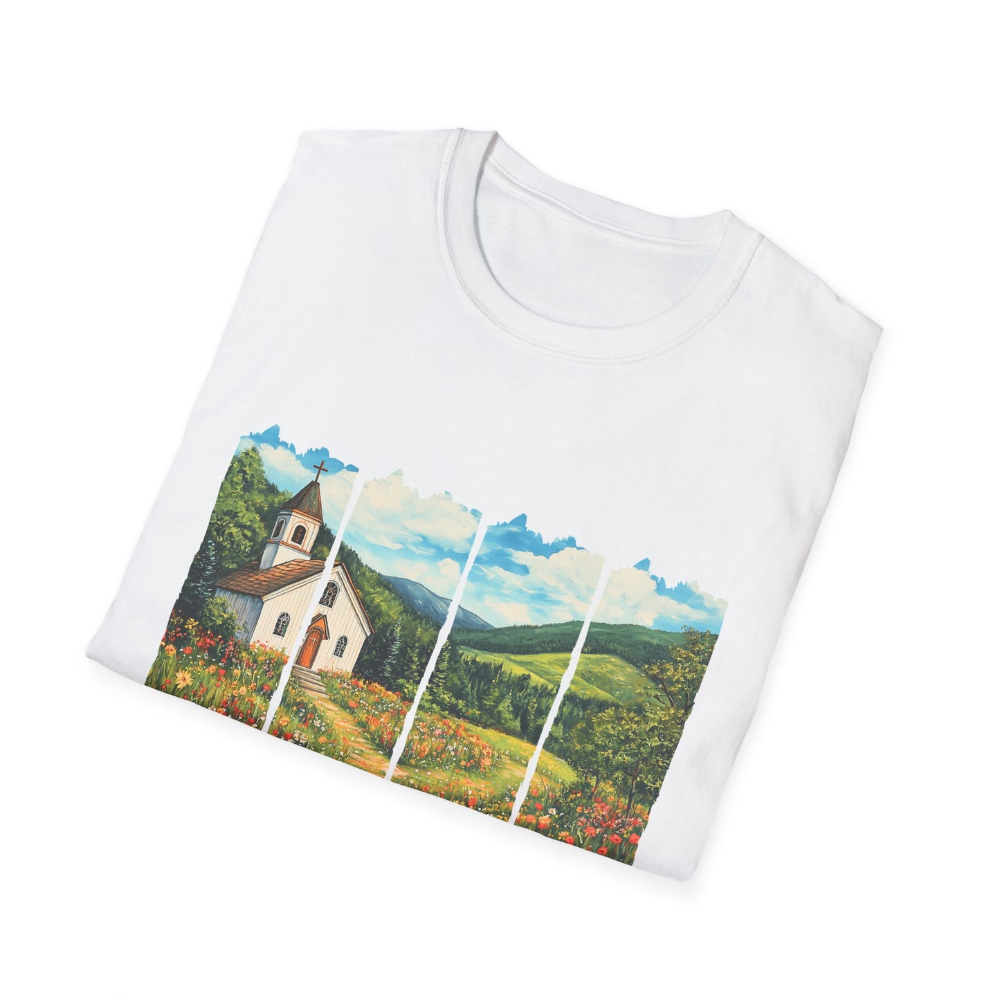 Scenic Chapel Landscape T-Shirt — Countryside Floral Mountain Art Tee