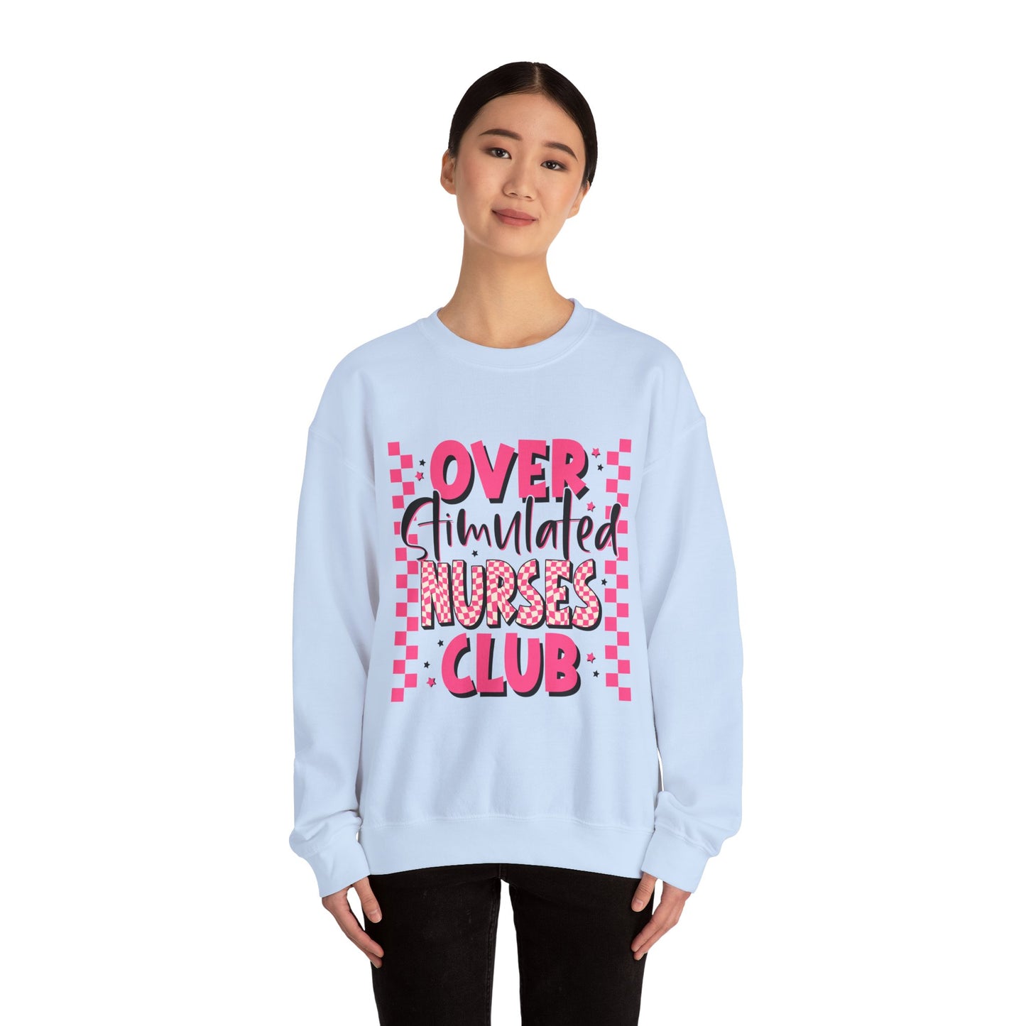Crewneck Sweatshirt — "Overstimulated Nurses Club" Pink Checker Graphic