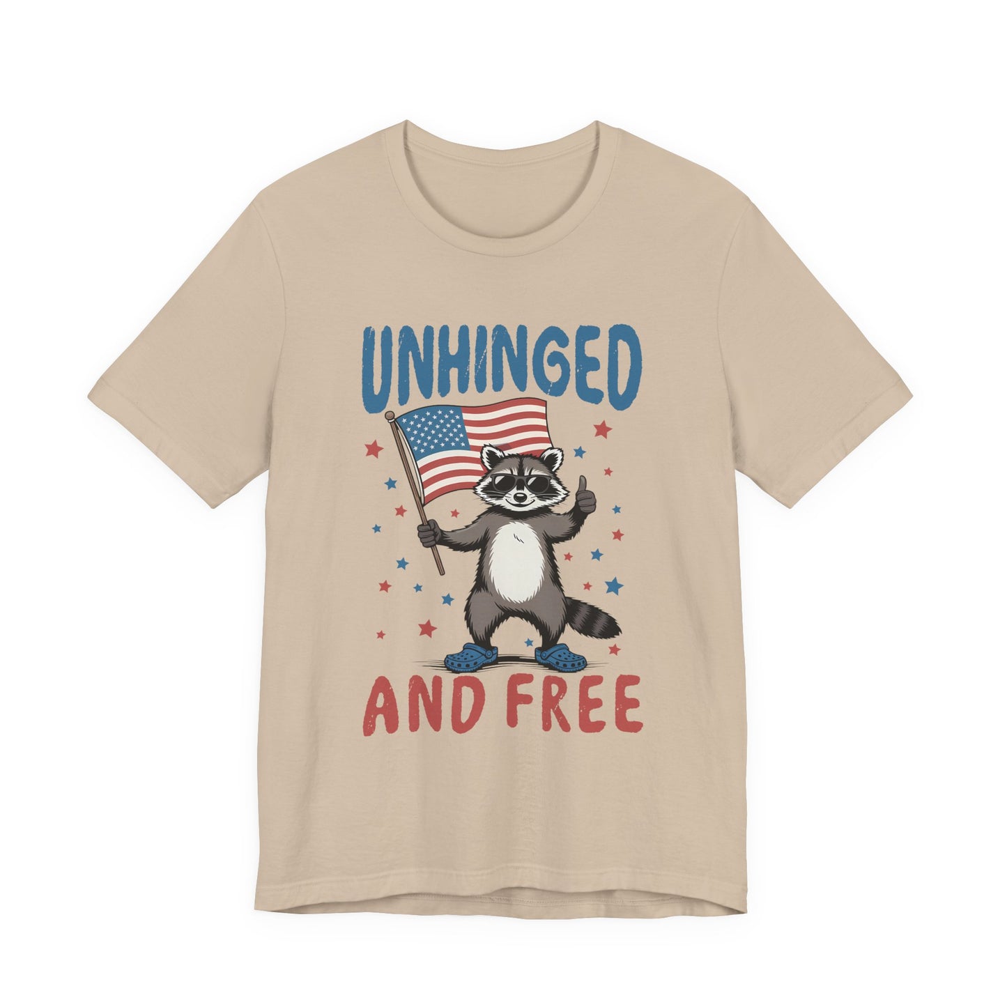 T‑Shirt — "Unhinged and Free" Raccoon American Flag Graphic Tee