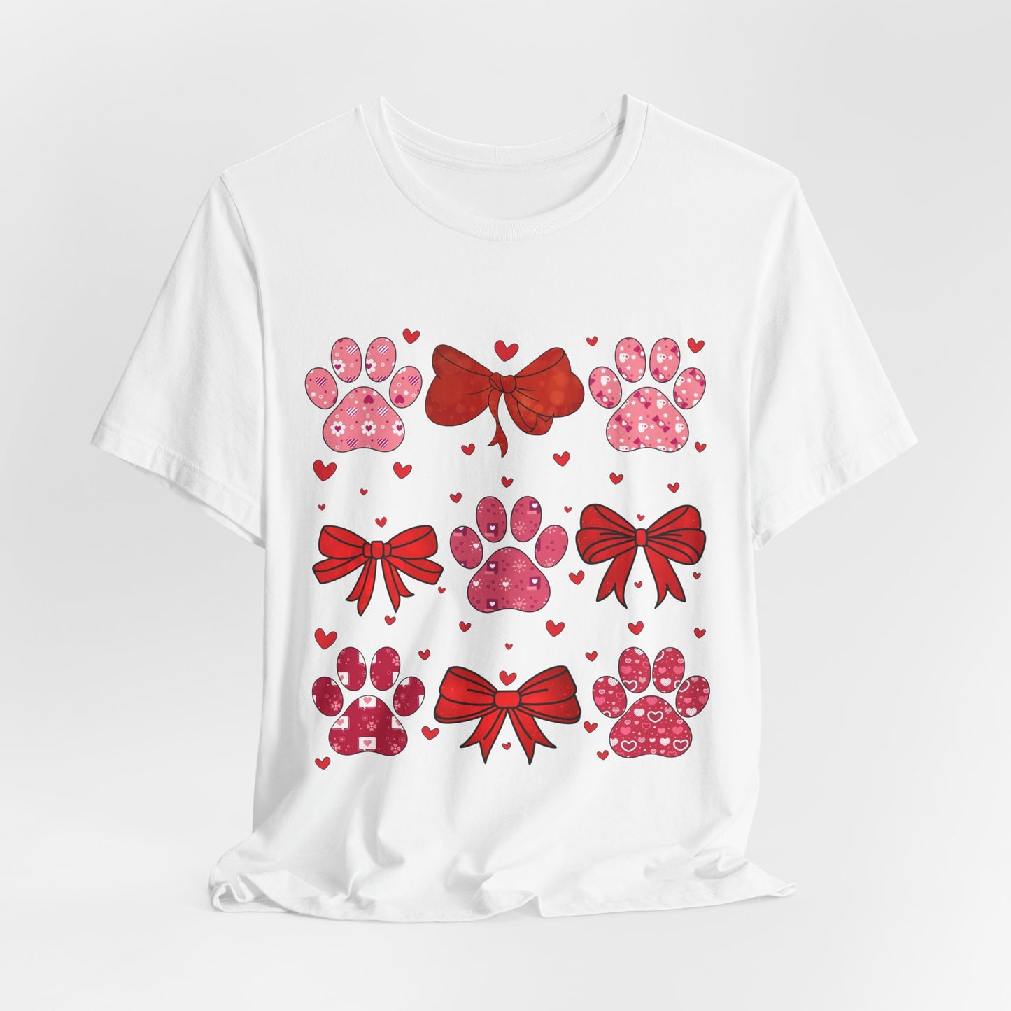 Valentine Paw Prints T‑Shirt — Cute Red Bows & Hearts Pet Lover Tee