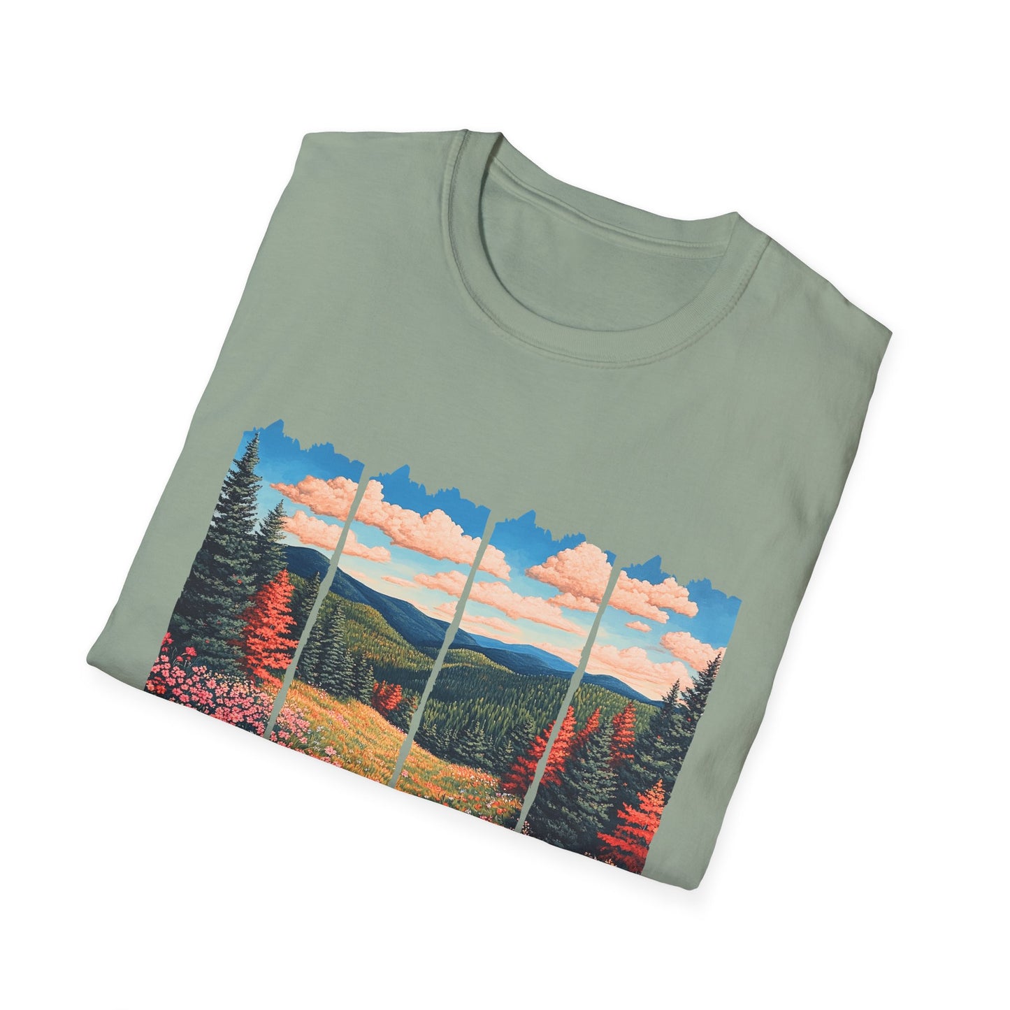 Scenic Meadow Sunrise T-Shirt — Vintage Window Pane Mountain Landscape Tee