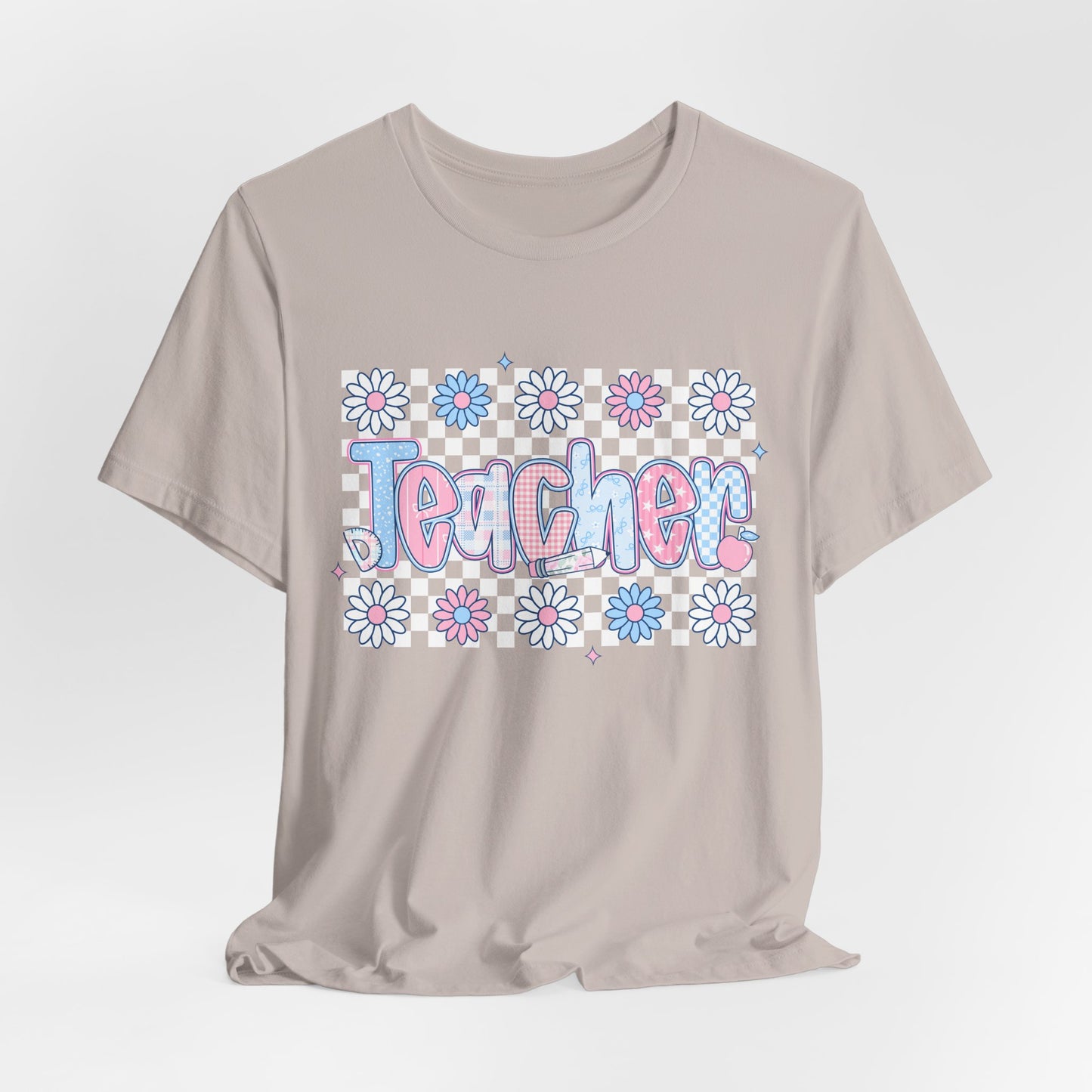 Teacher Daisy Graphic Tee – Cute Pink & Blue Floral Classroom Shirt