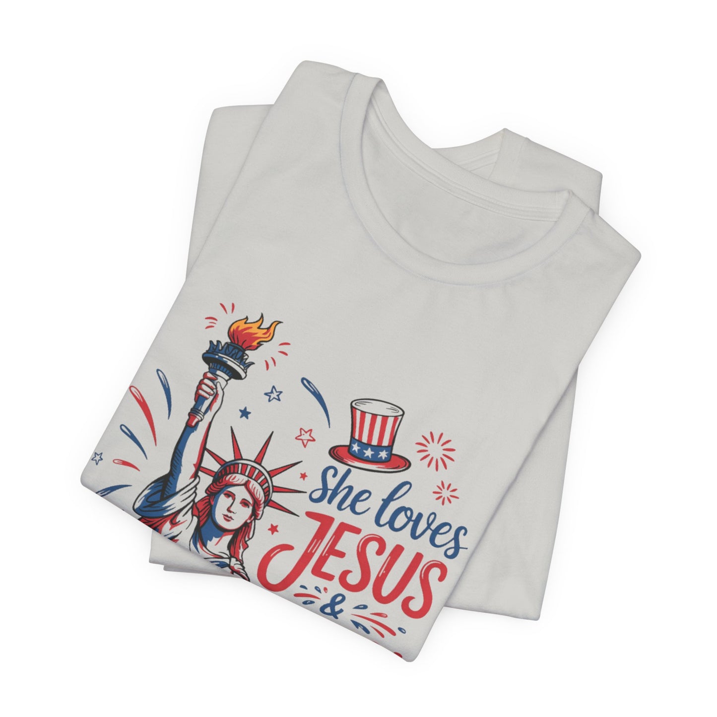 She Loves Jesus & America Too T-Shirt – Patriotic Statue of Liberty Christian Tee