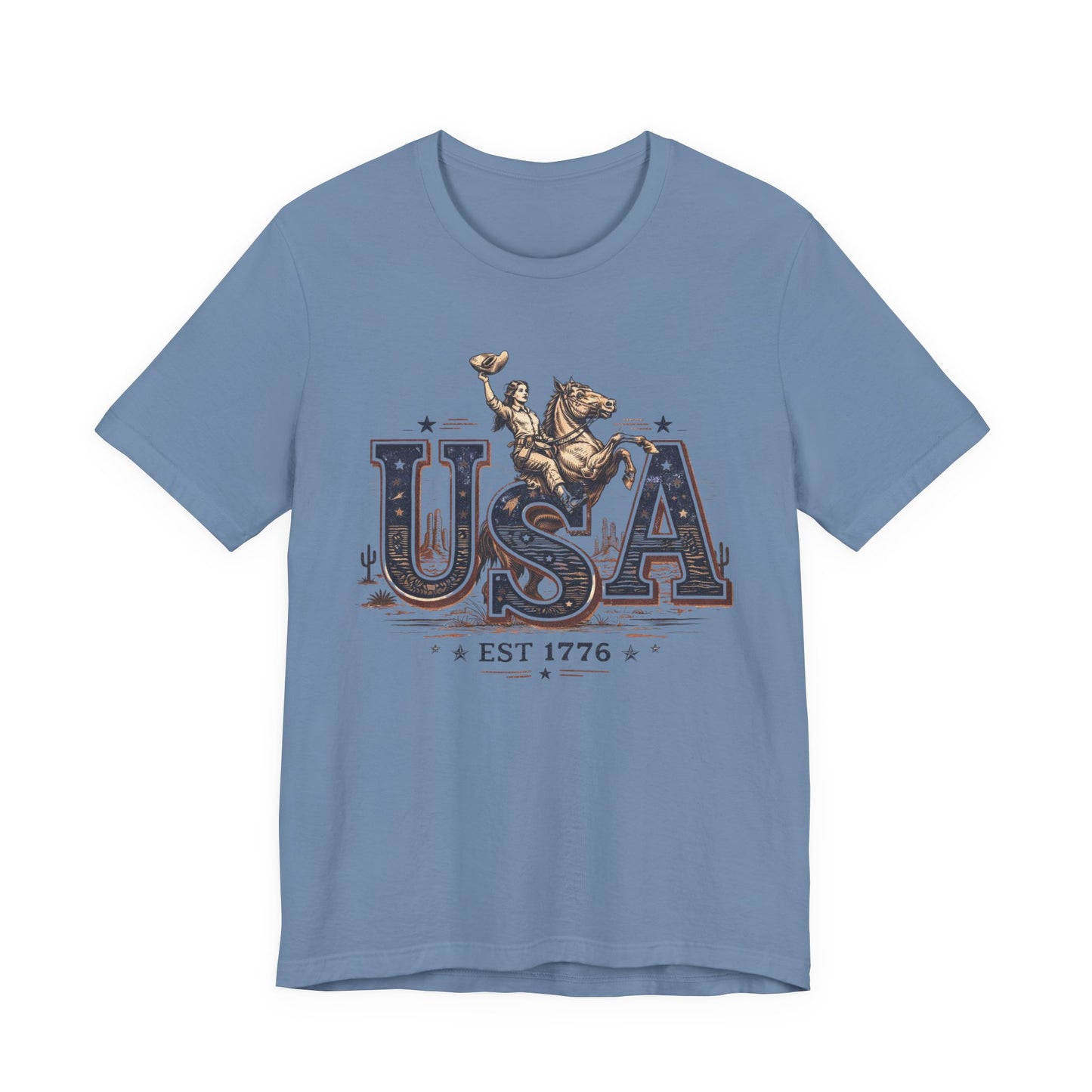 USA Western Rodeo T-Shirt – 'USA EST 1776' Patriotic Cowboy Tee