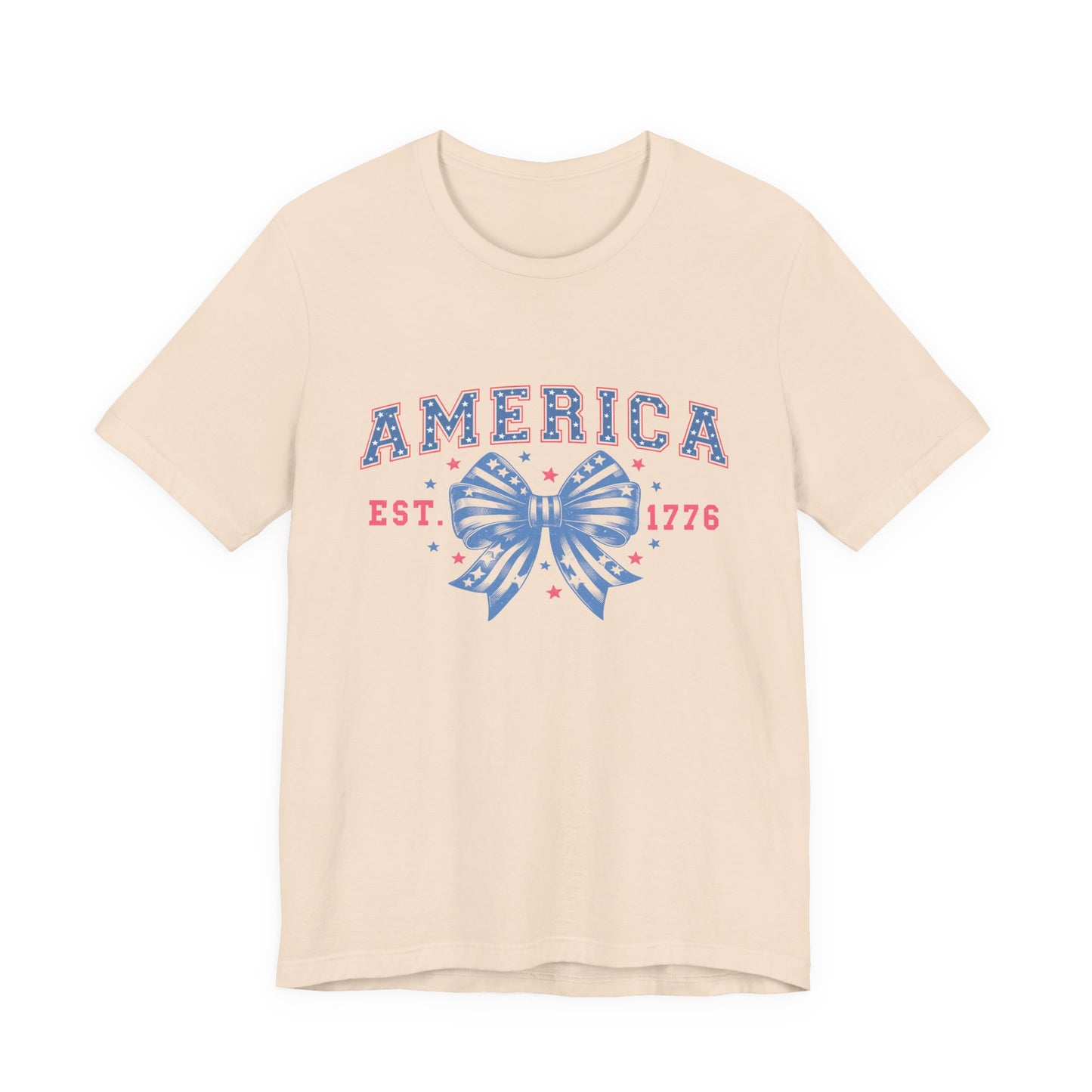 America Est. 1776 Patriotic T-Shirt – Stars & Stripes Bow Graphic