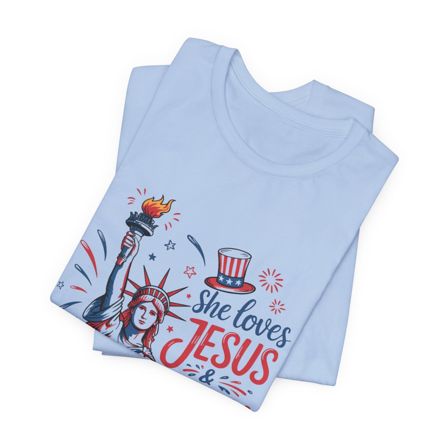 She Loves Jesus & America Too T-Shirt – Patriotic Statue of Liberty Christian Tee