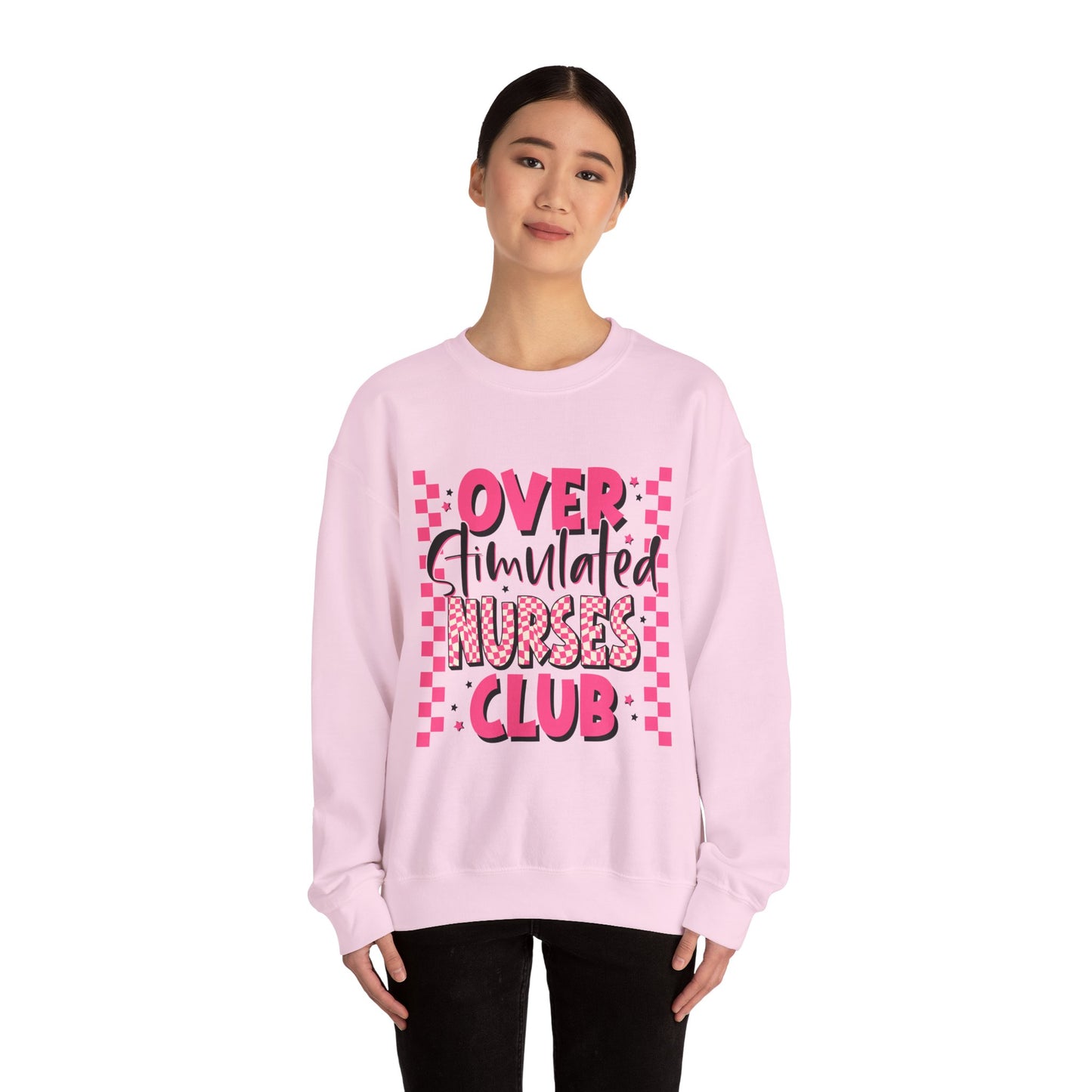 Crewneck Sweatshirt — "Overstimulated Nurses Club" Pink Checker Graphic