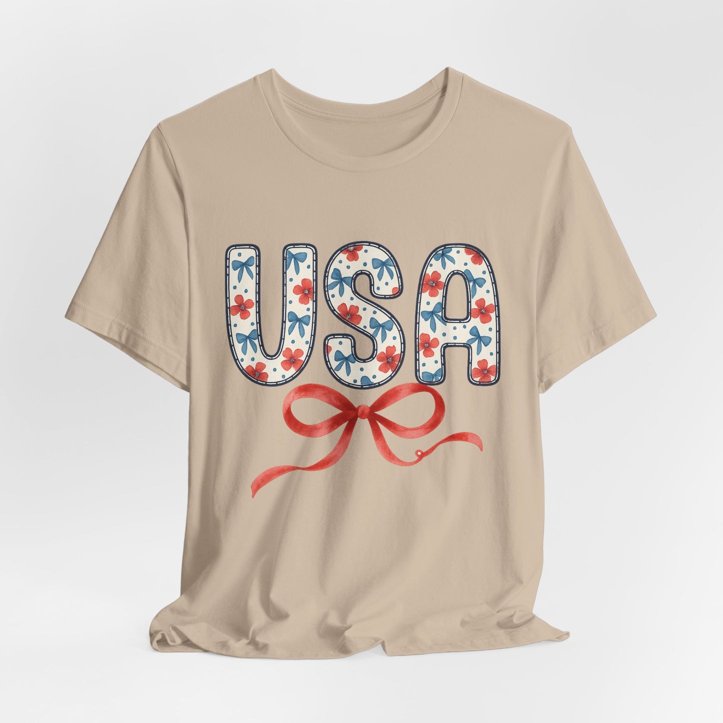 USA Floral Graphic Tee with Ribbon – 4th of July Patriotic Shirt