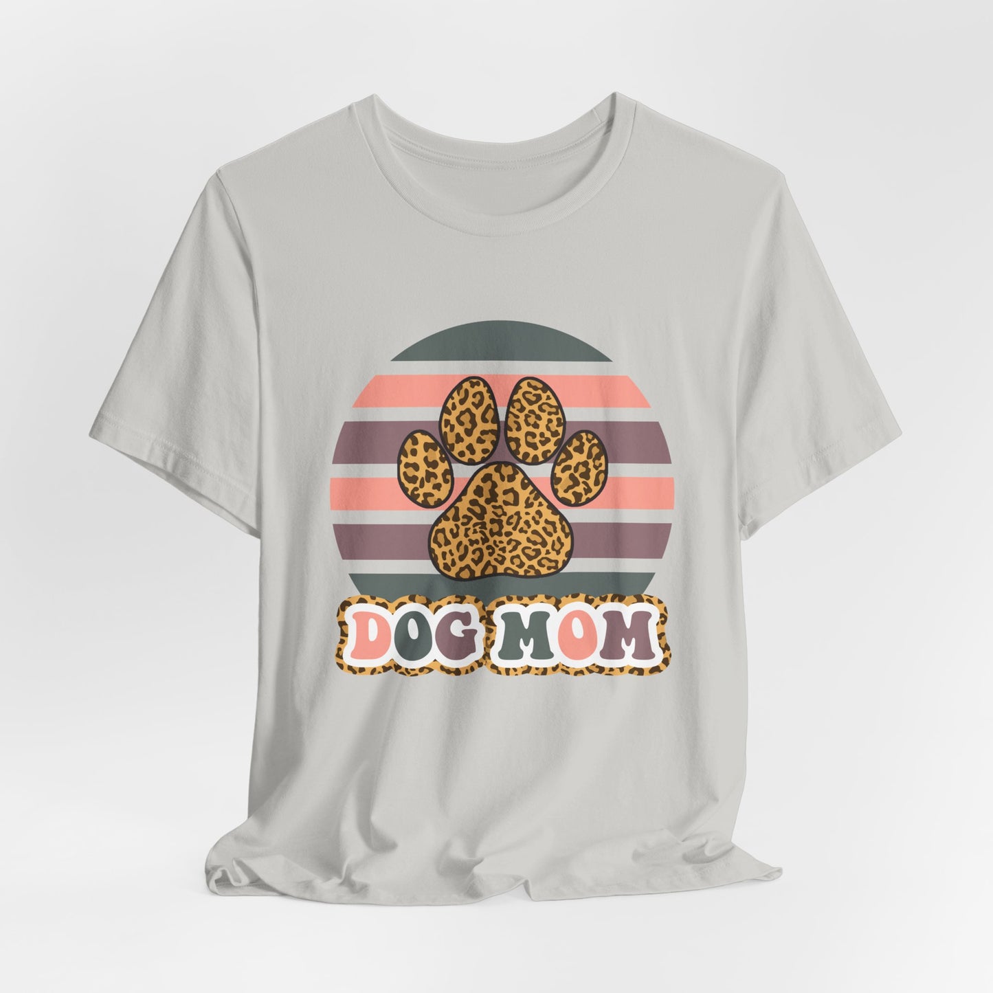 Dog Mom Leopard Paw Tee — Retro Striped Pet Lover T‑Shirt