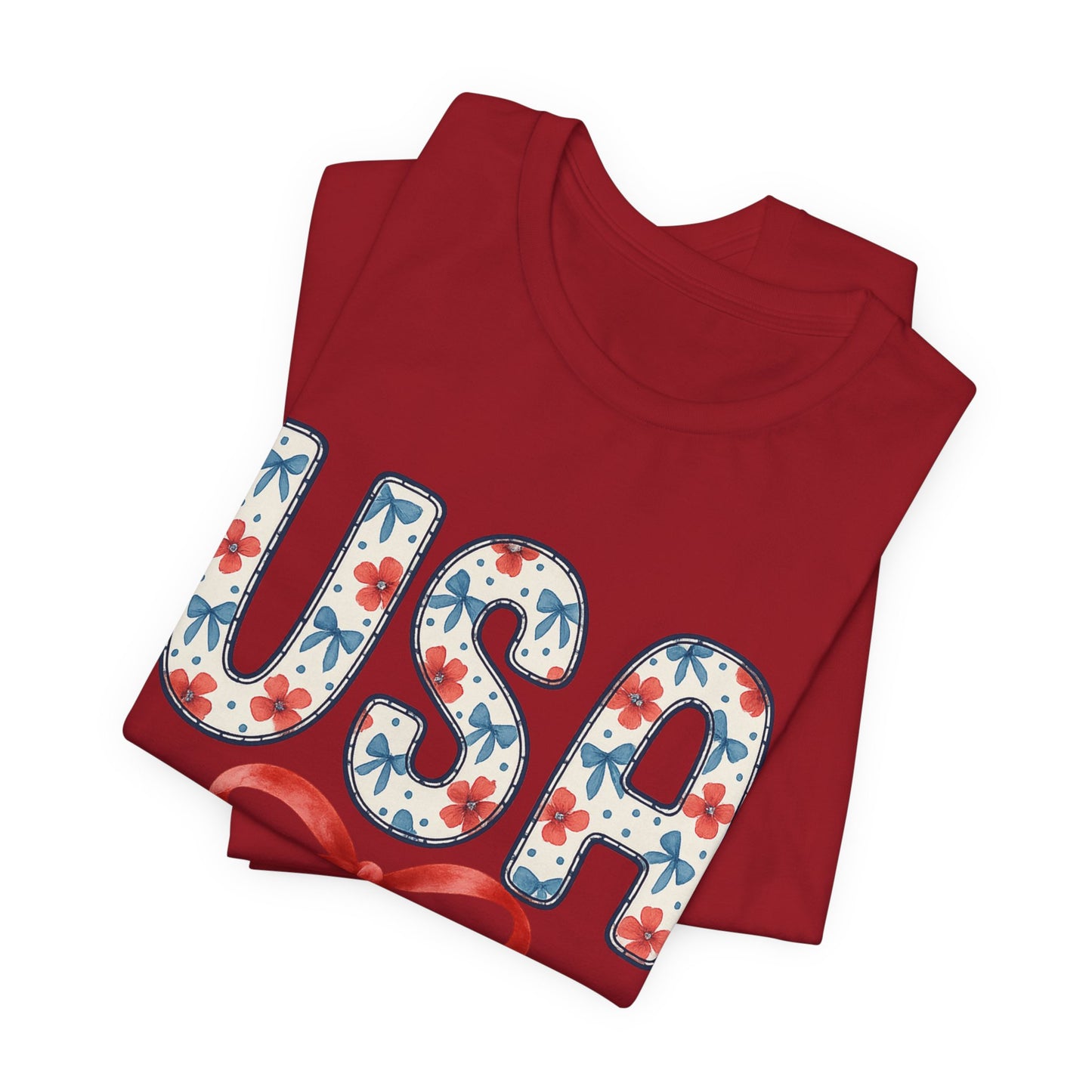 USA Floral Graphic Tee with Ribbon – 4th of July Patriotic Shirt