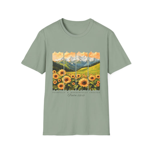 Sunflower Mountain Poster T-Shirt — Scenic Field & Peaks Graphic Tee