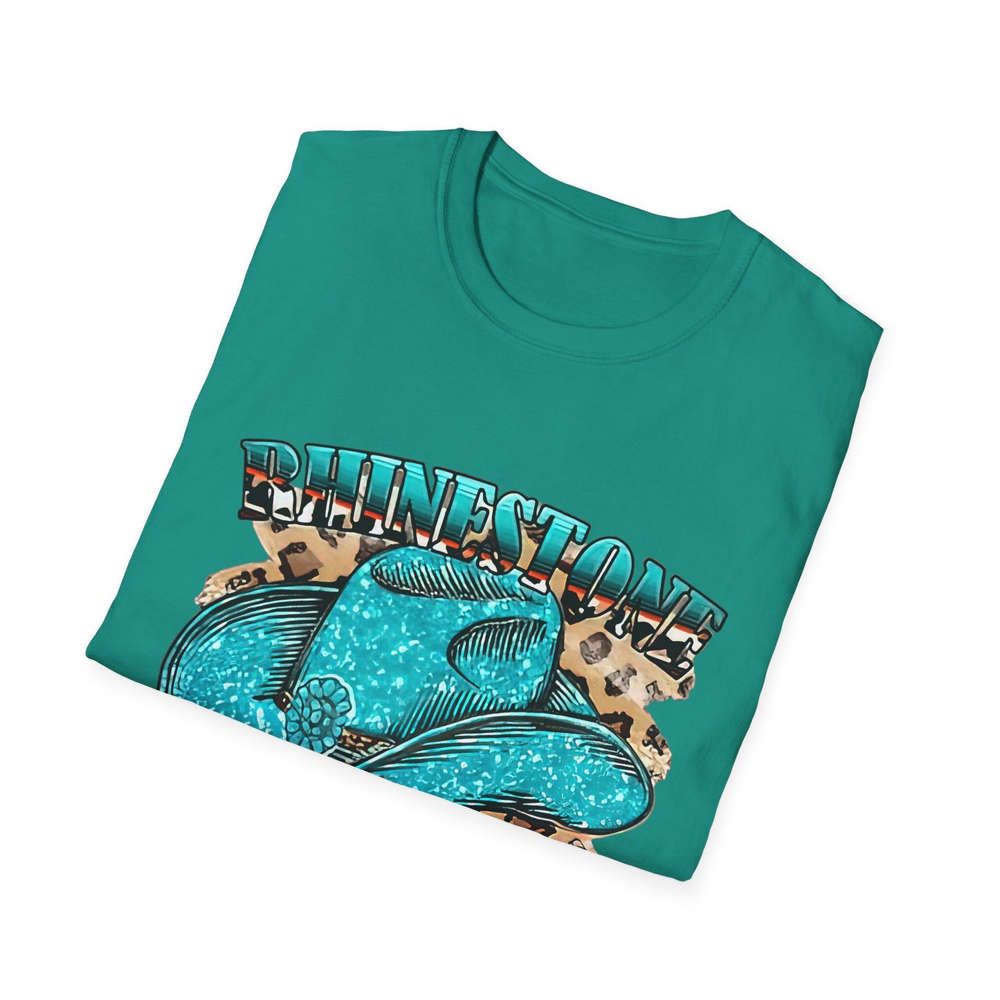 Rhinestone Cowgirl Tee – Turquoise Cowboy Hat on Leopard Print