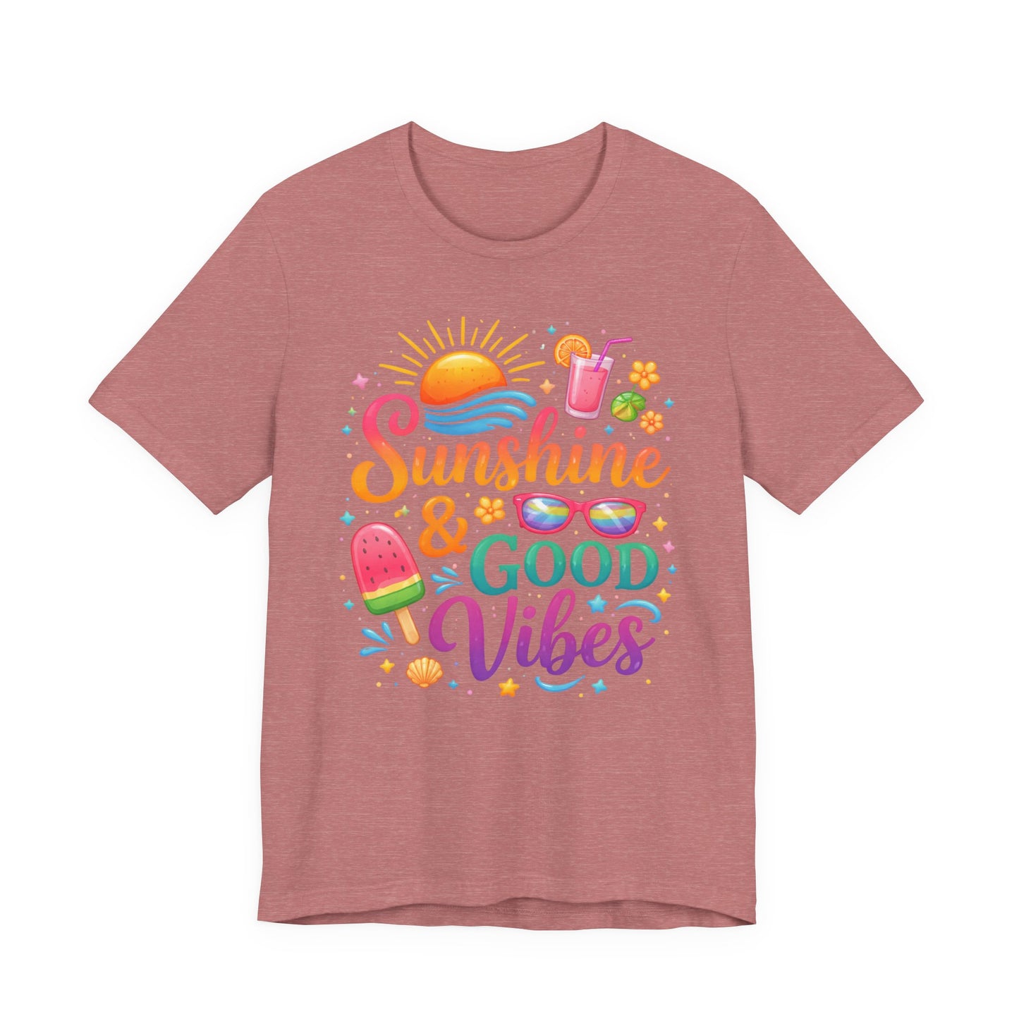 Sunshine & Good Vibes T-Shirt | Summer Beach Drink Sunglasses Popsicle Design