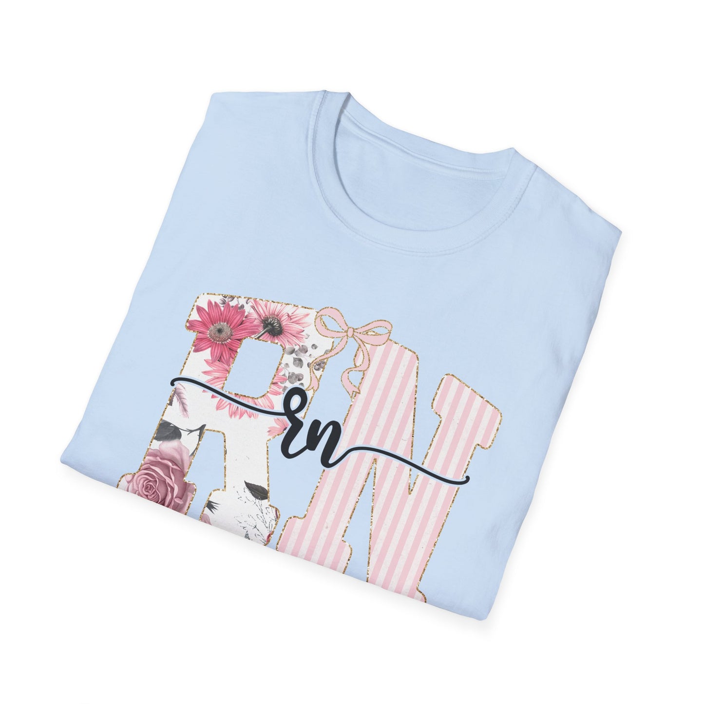 T-Shirt — RN Floral Script Design (Pink Stripes & Roses)