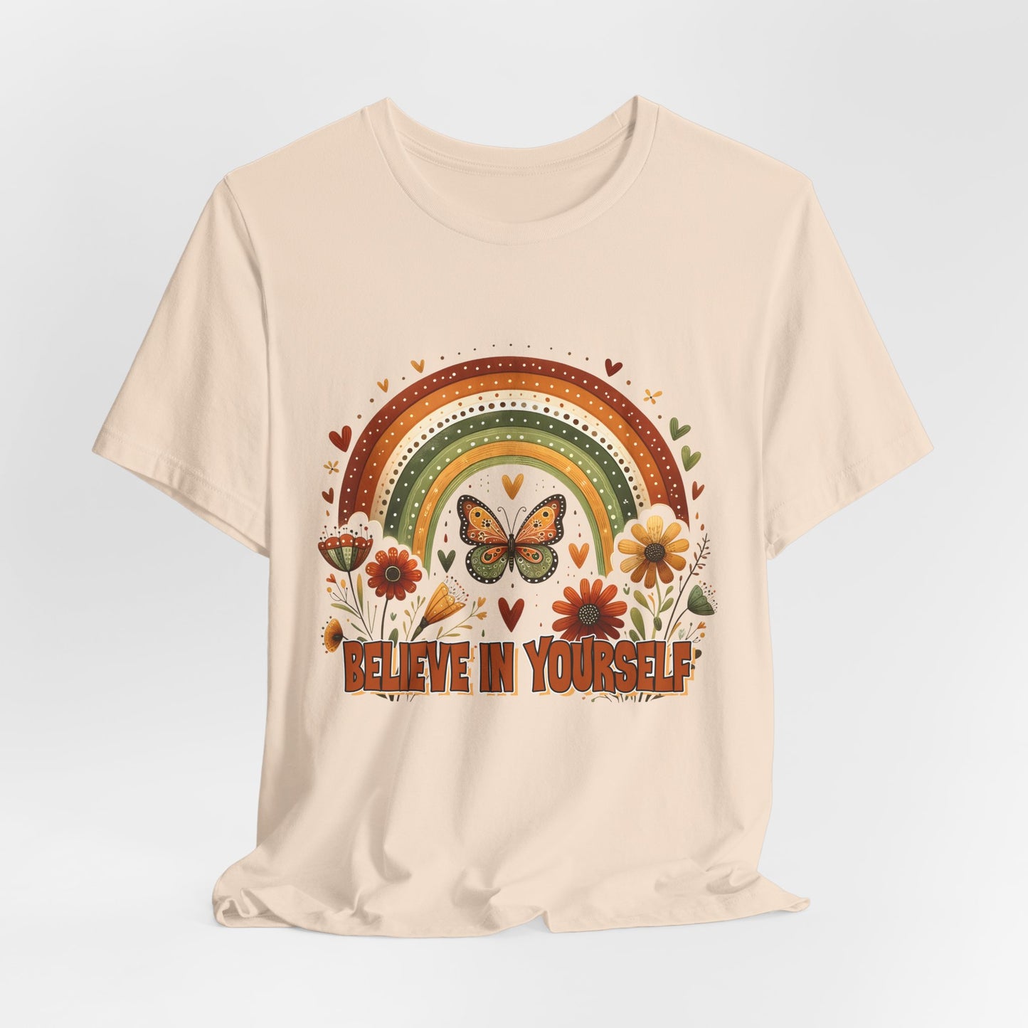 Believe In Yourself Butterfly Tee — Retro Rainbow Floral Inspirational T‑Shirt