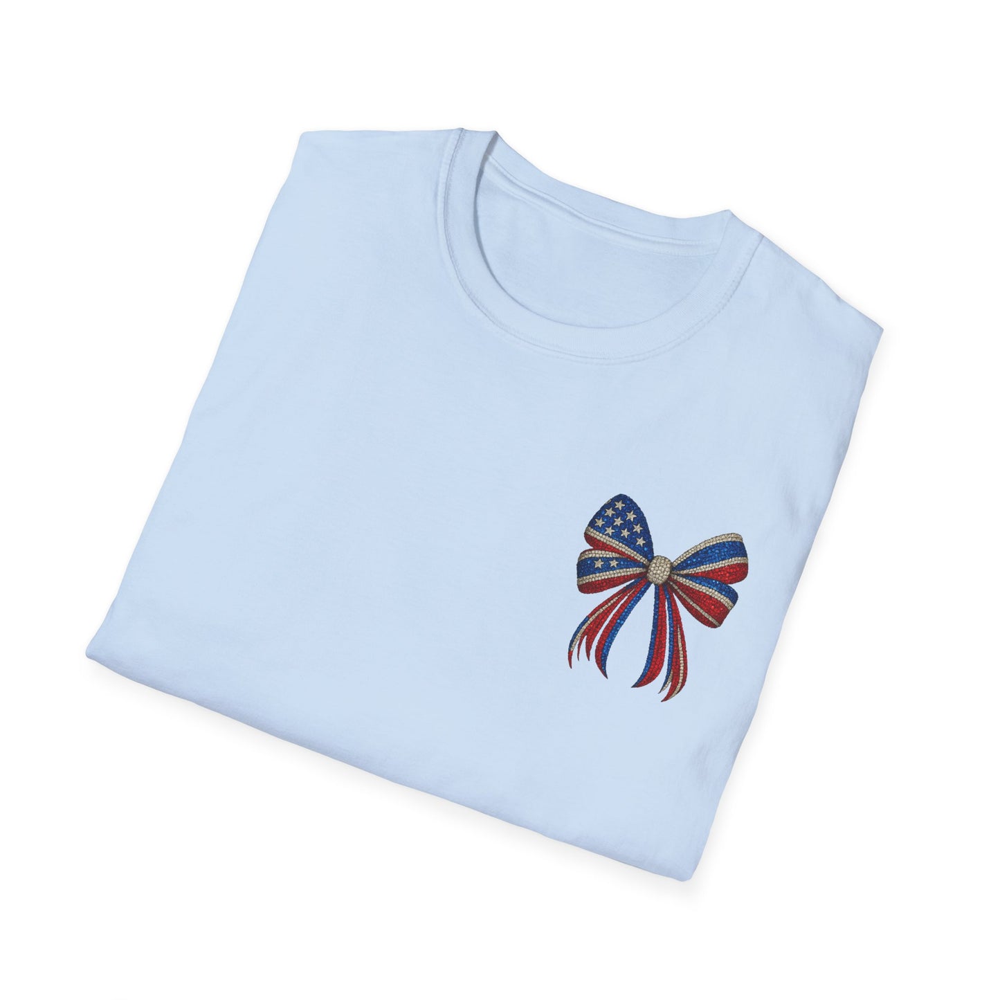 Patriotic Tee - "Land of the Free Because of the Brave" American Flag Bow