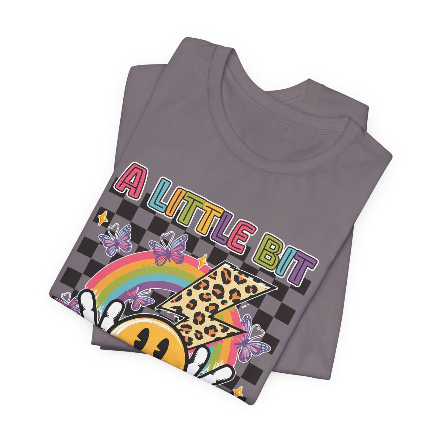 A Little Bit Dramatic Graphic Tee — Smiley Rainbow Checkerboard T-Shirt
