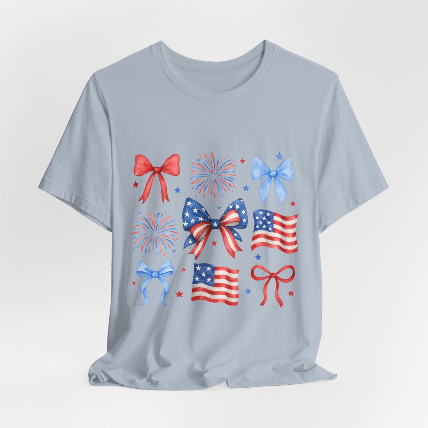 Patriotic Bows & Flags Tee — 4th of July Fireworks Graphic T-Shirt