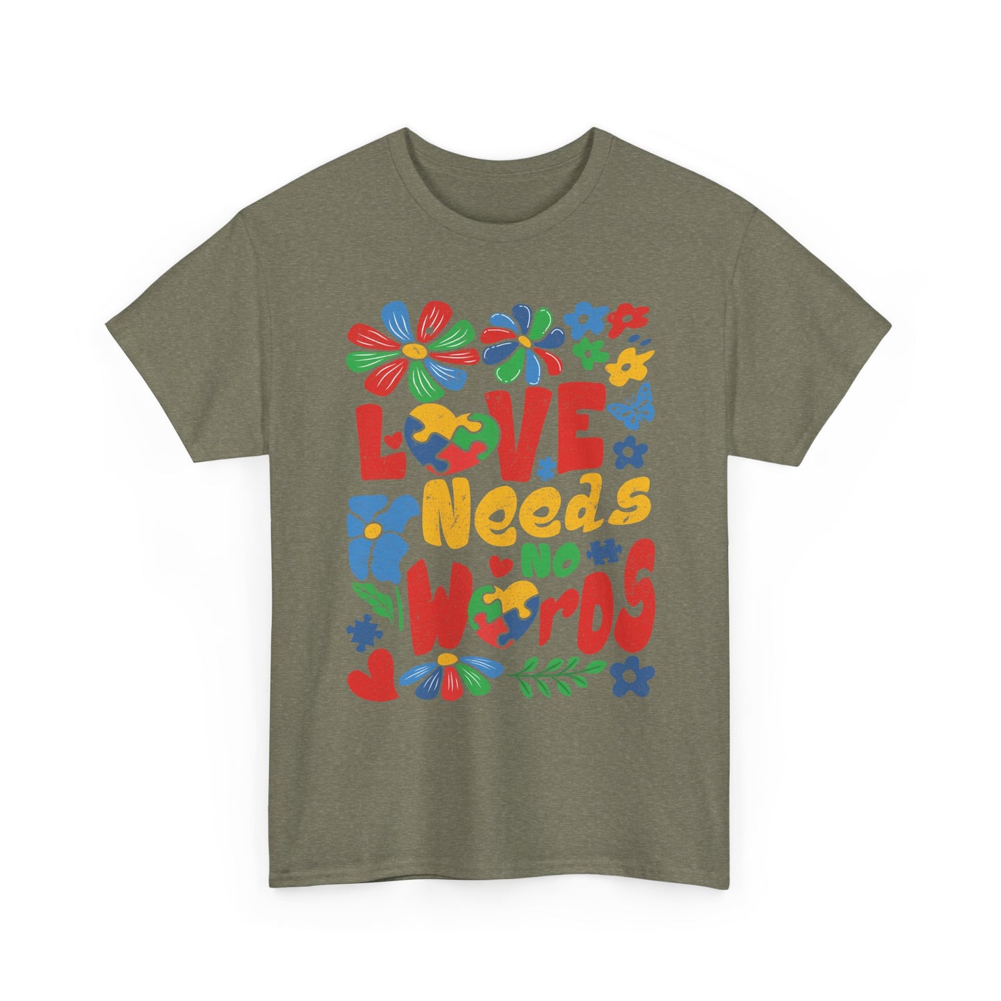 T-Shirt — "Love Needs No Words" Colorful Retro Floral Graphic Tee