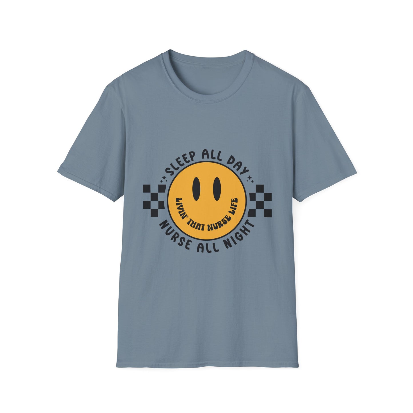 Nurse Smiley Tee — “Sleep All Day, Nurse All Night” Graphic T-Shirt