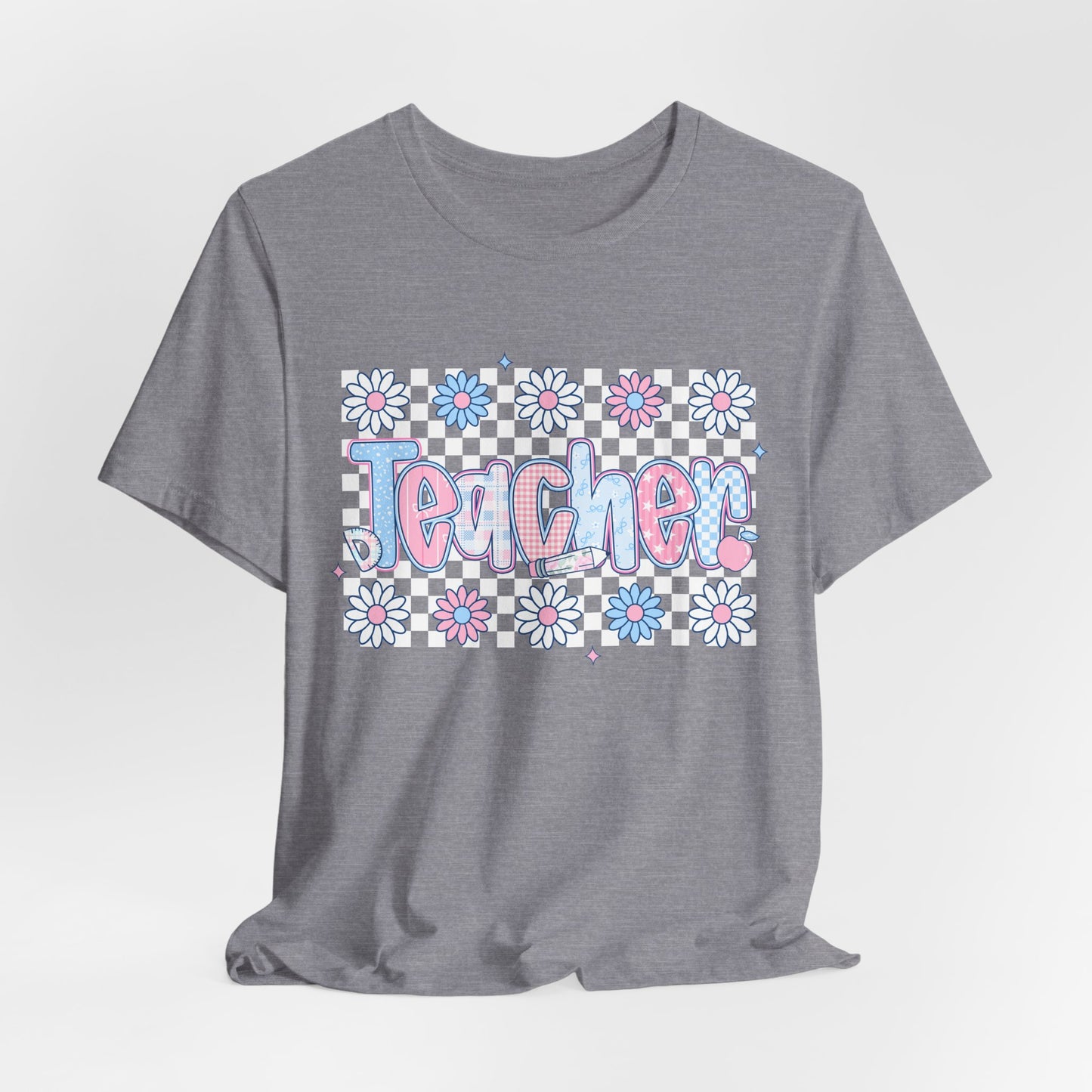 Teacher Daisy Graphic Tee – Cute Pink & Blue Floral Classroom Shirt
