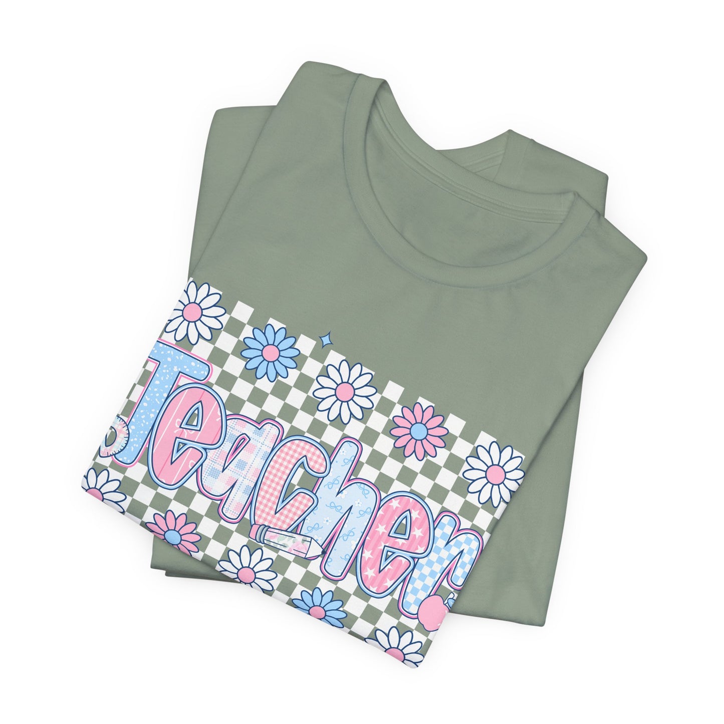 Teacher Daisy Graphic Tee – Cute Pink & Blue Floral Classroom Shirt
