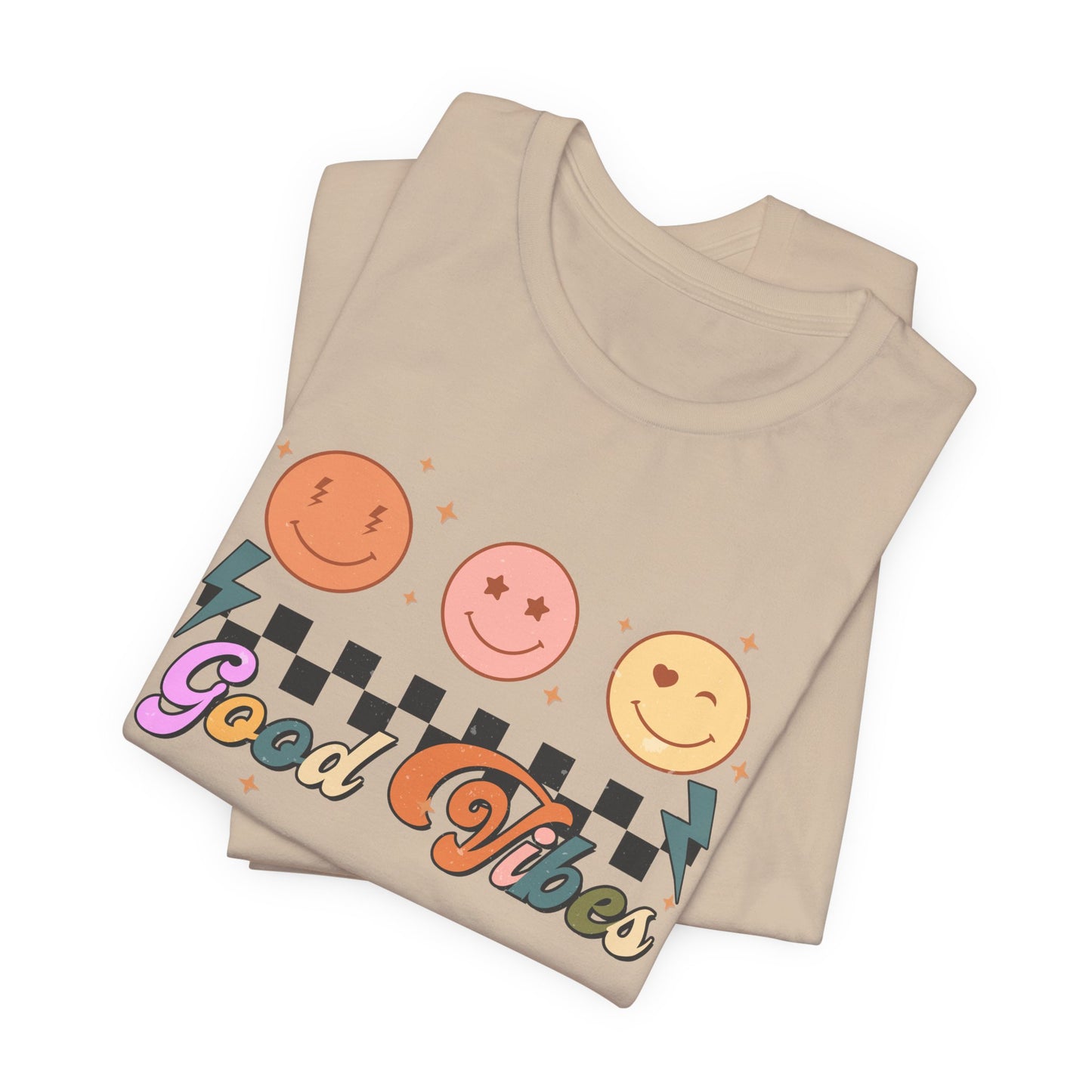 Good Vibes Smiley Tee — Retro Checkerboard Positive Graphic T-Shirt