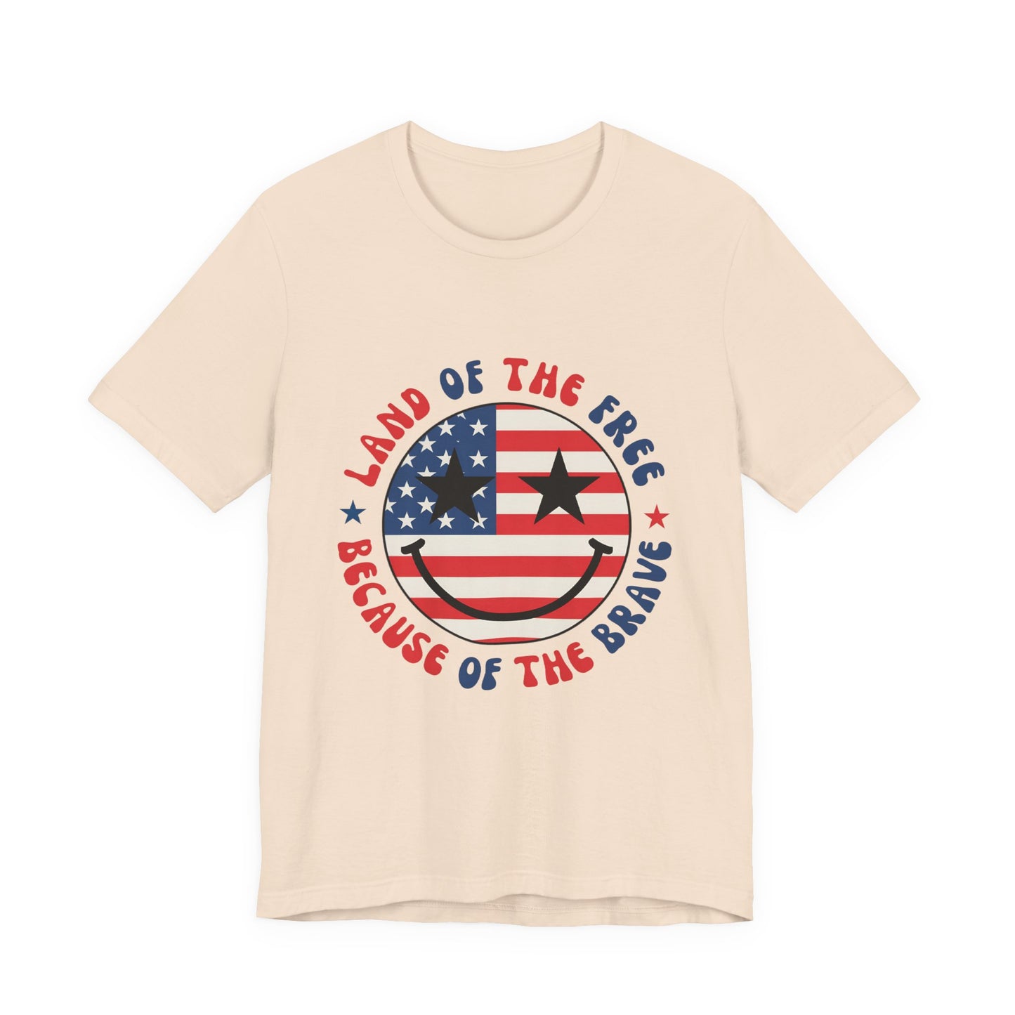 Patriotic Smiley Tee - "Land of the Free Because of the Brave" American Flag Shirt