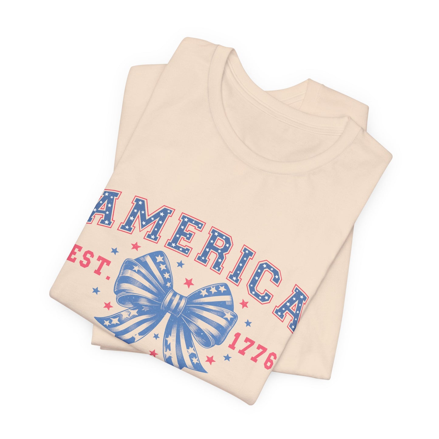 America Est. 1776 Patriotic T-Shirt – Stars & Stripes Bow Graphic