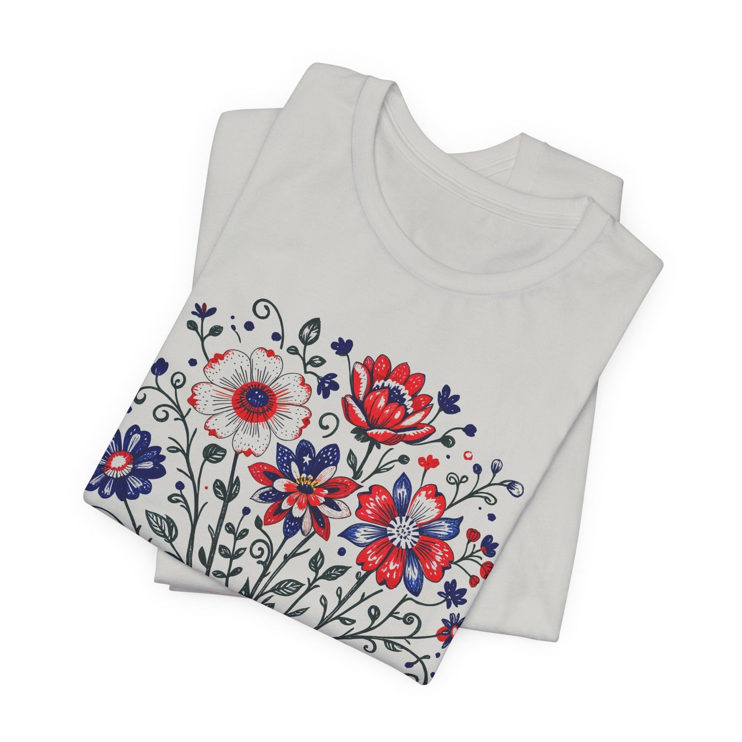 Patriotic Floral Tee — "America, Land of the Free"