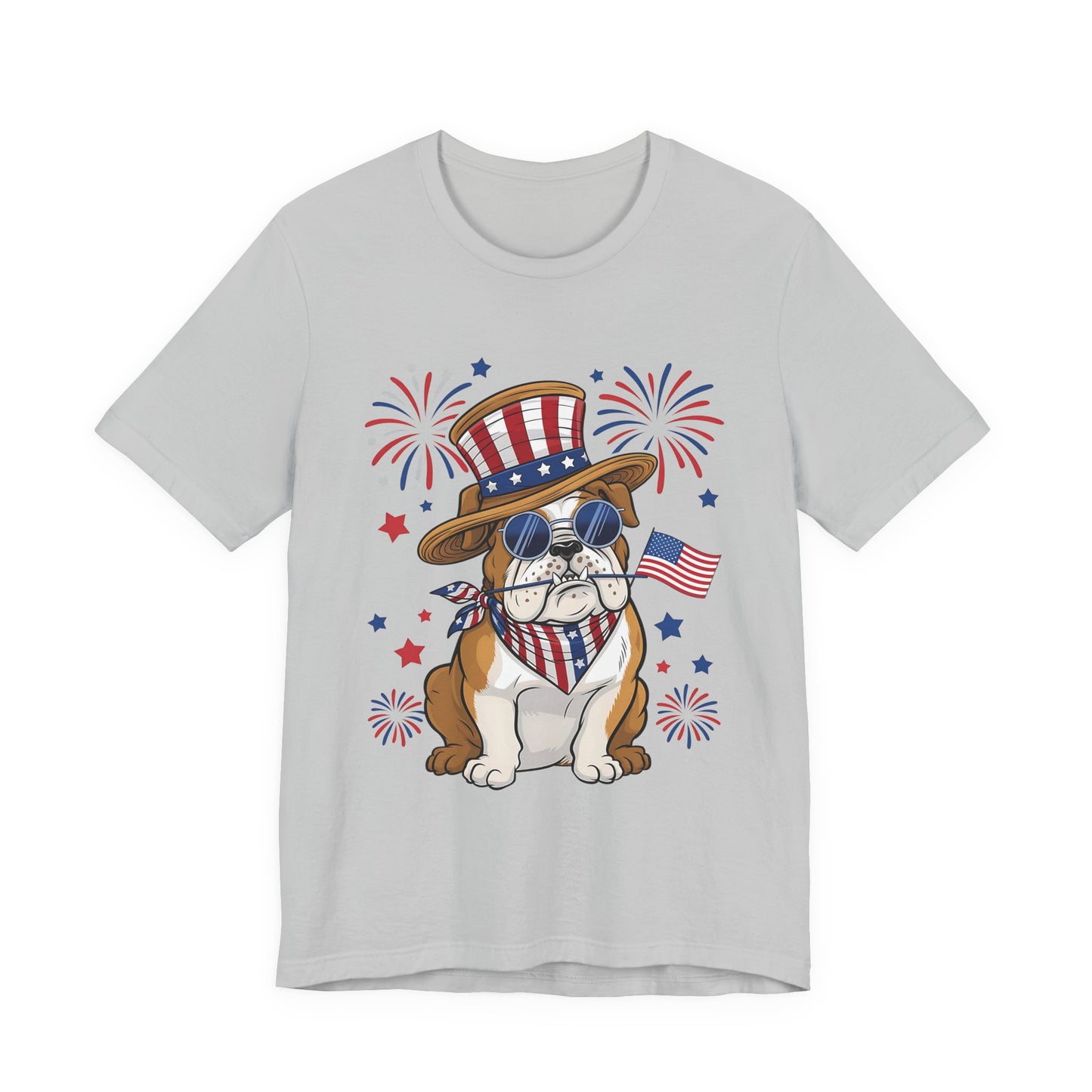 Patriotic Bulldog T-Shirt — American Flag Pup with Uncle Sam Hat & Fireworks (4th of July Tee)