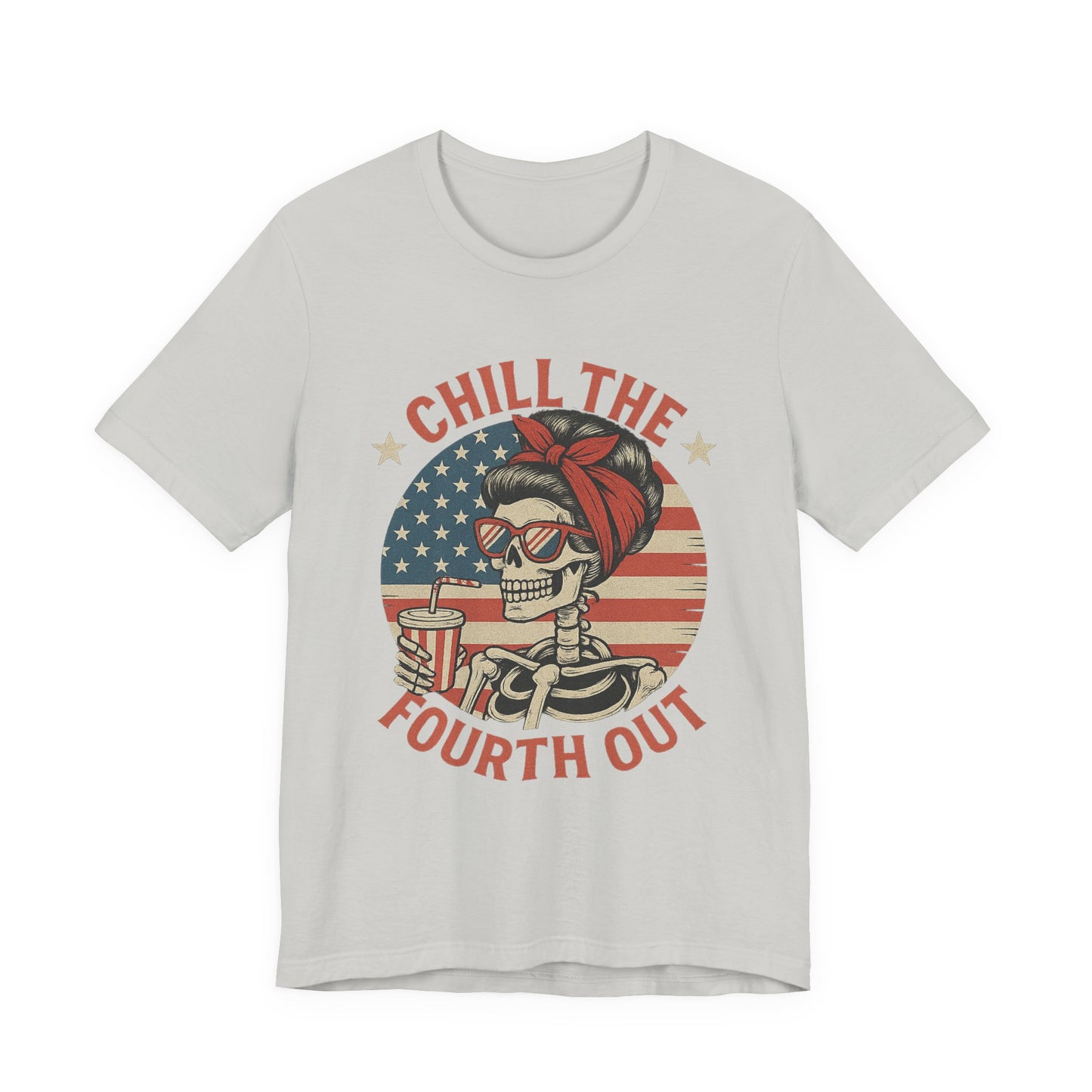 Chill the Fourth Out Tee – Retro Skull with American Flag & Drink | 4th of July Patriotic Shirt