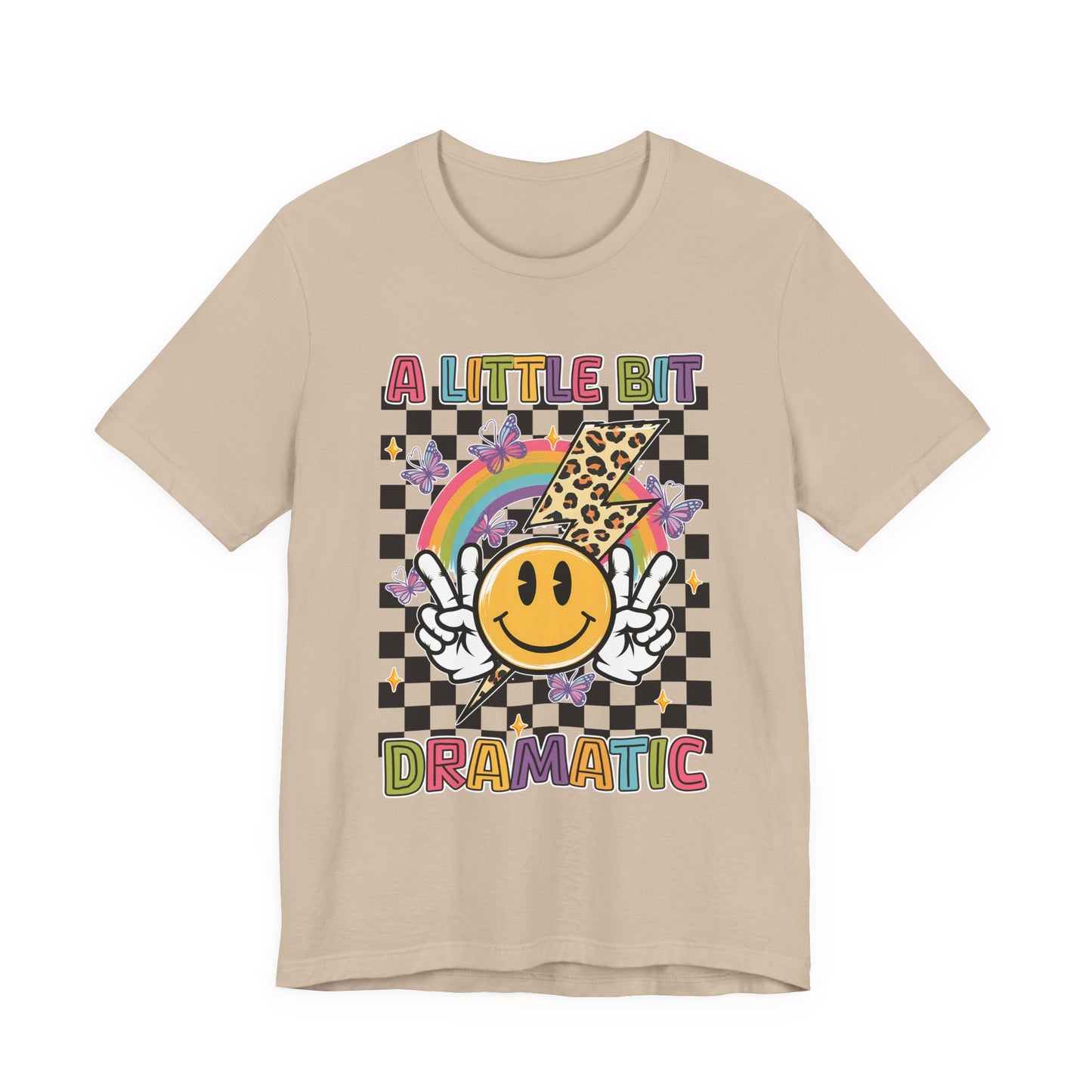 A Little Bit Dramatic Graphic Tee — Smiley Rainbow Checkerboard T-Shirt