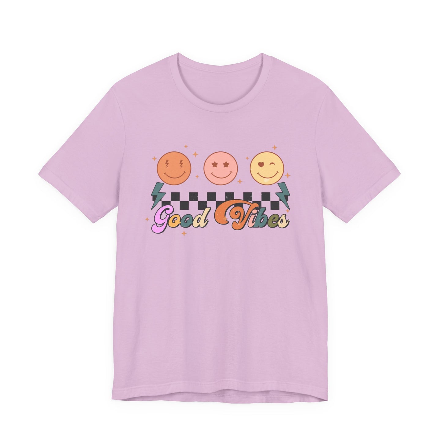 Good Vibes Smiley Tee — Retro Checkerboard Positive Graphic T-Shirt