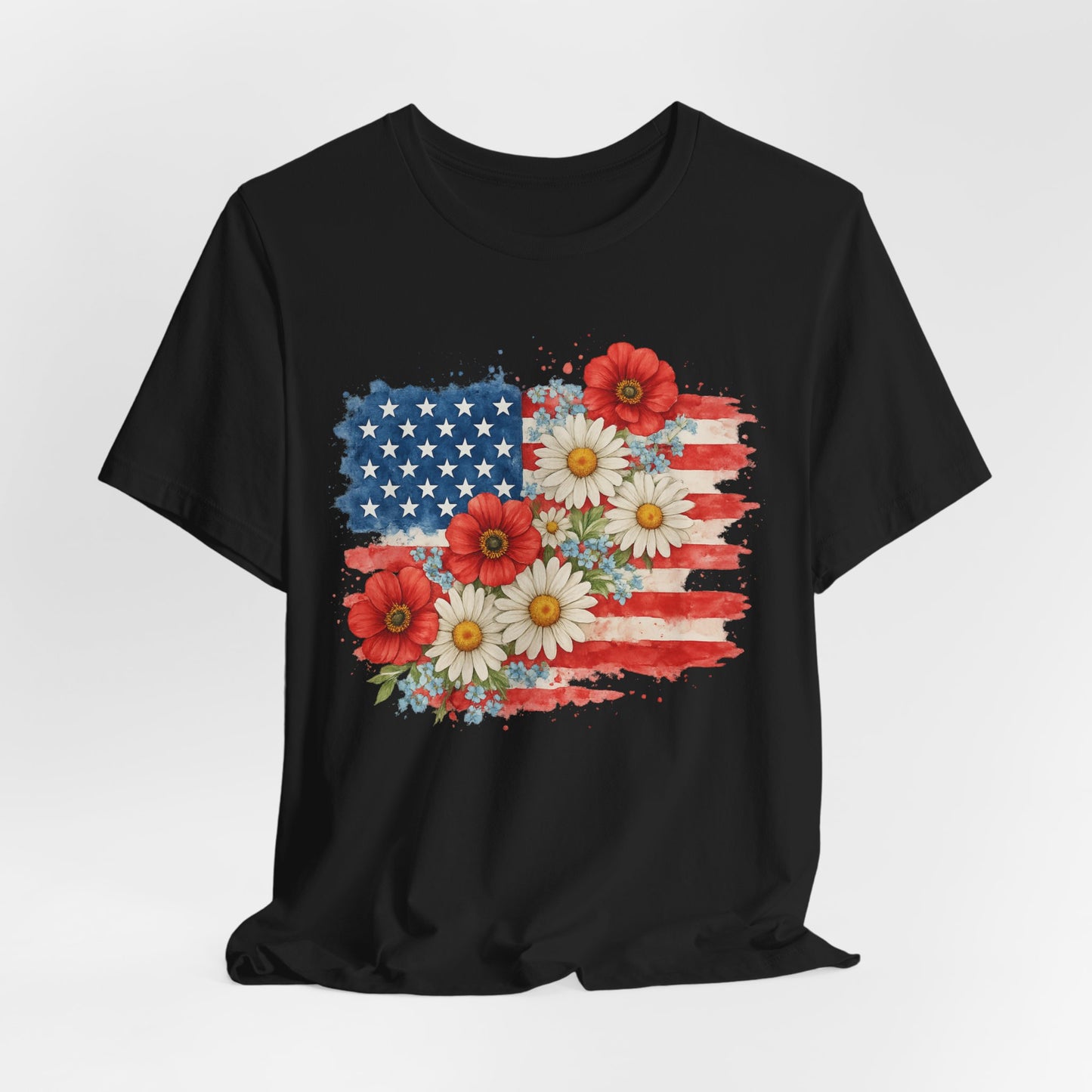 American Flag Floral T‑Shirt – Patriotic Daisy & Poppy USA Tee