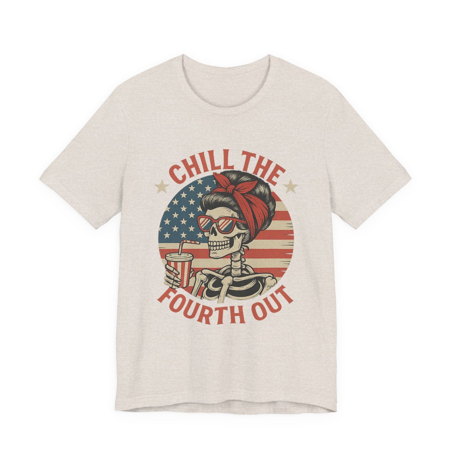 Chill the Fourth Out Tee – Retro Skull with American Flag & Drink | 4th of July Patriotic Shirt
