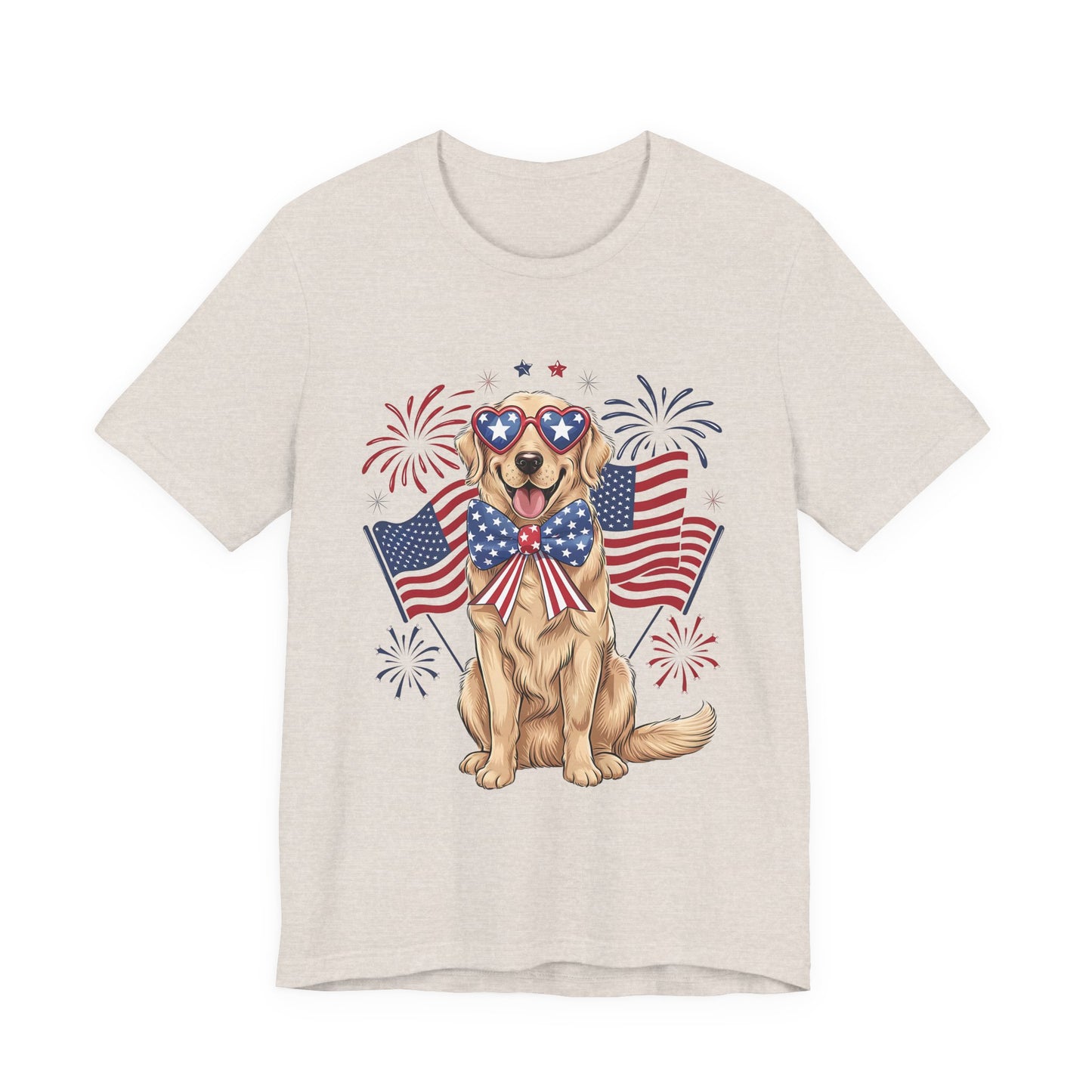 Patriotic Golden Retriever T‑Shirt — USA Flag Dog with Fireworks