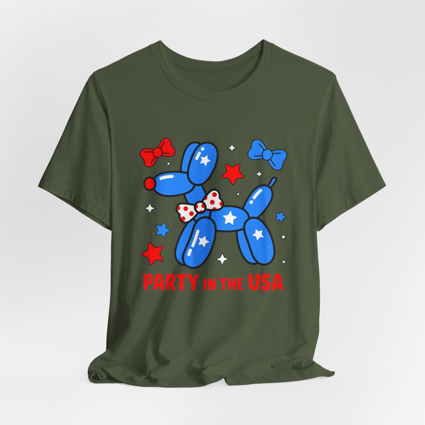 Party in the USA Balloon Dog Tee – Patriotic 4th of July Graphic T-Shirt
