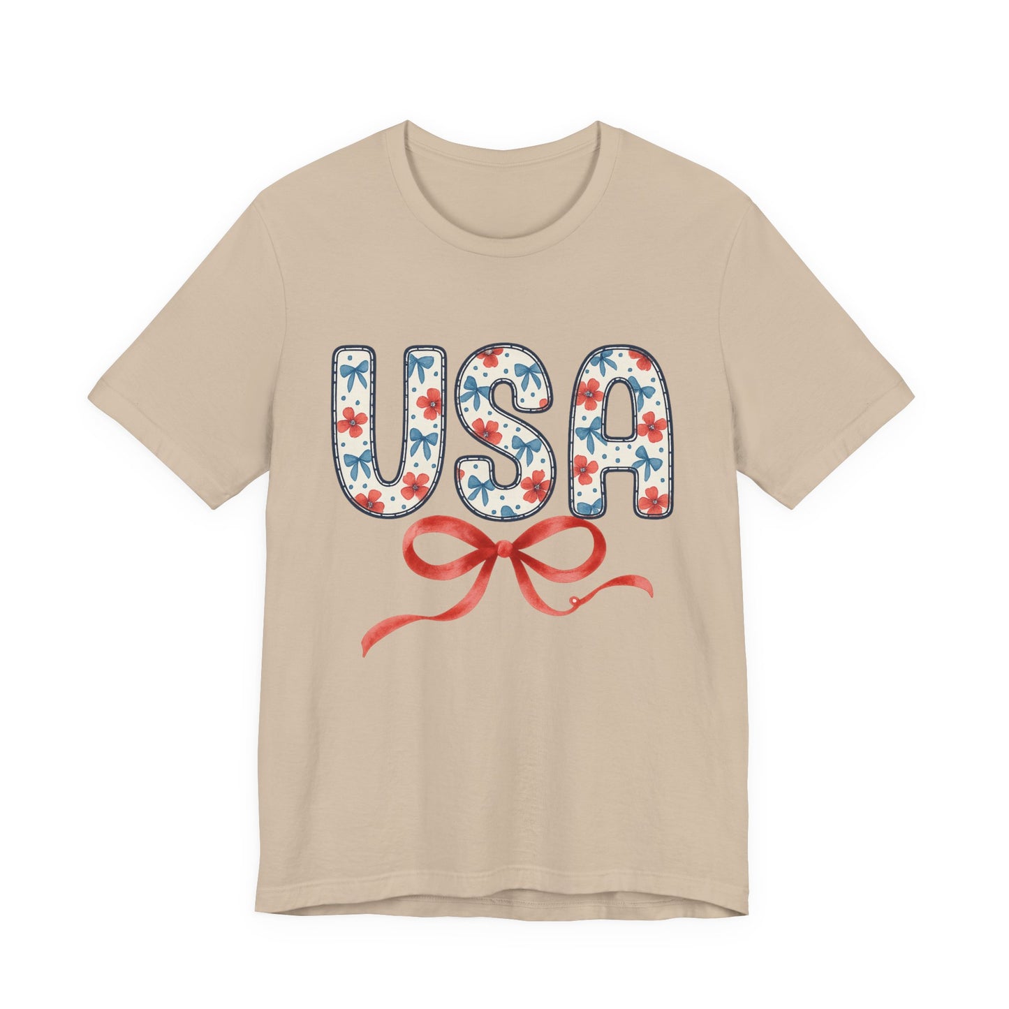 USA Floral Graphic Tee with Ribbon – 4th of July Patriotic Shirt