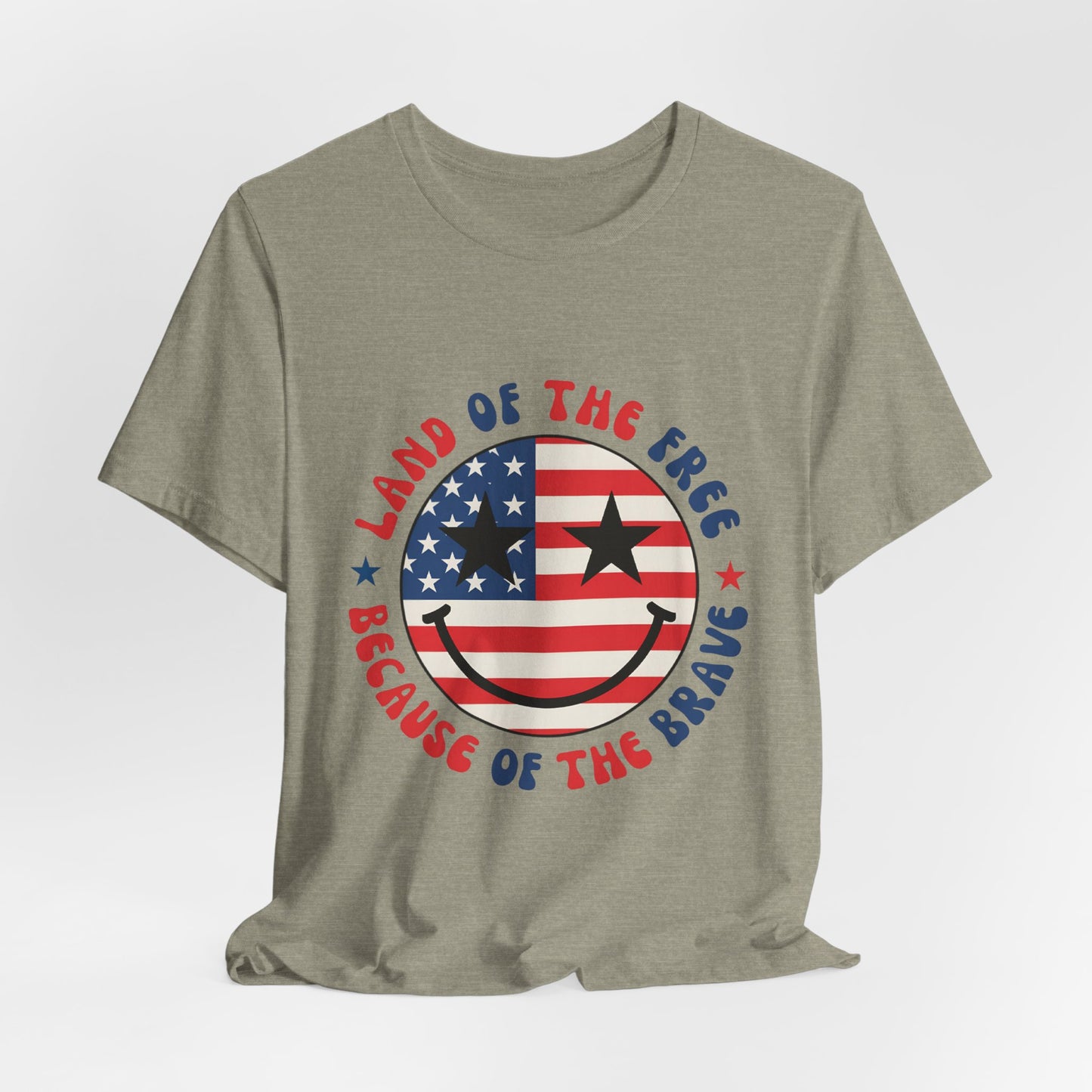 Patriotic Smiley Tee - "Land of the Free Because of the Brave" American Flag Shirt