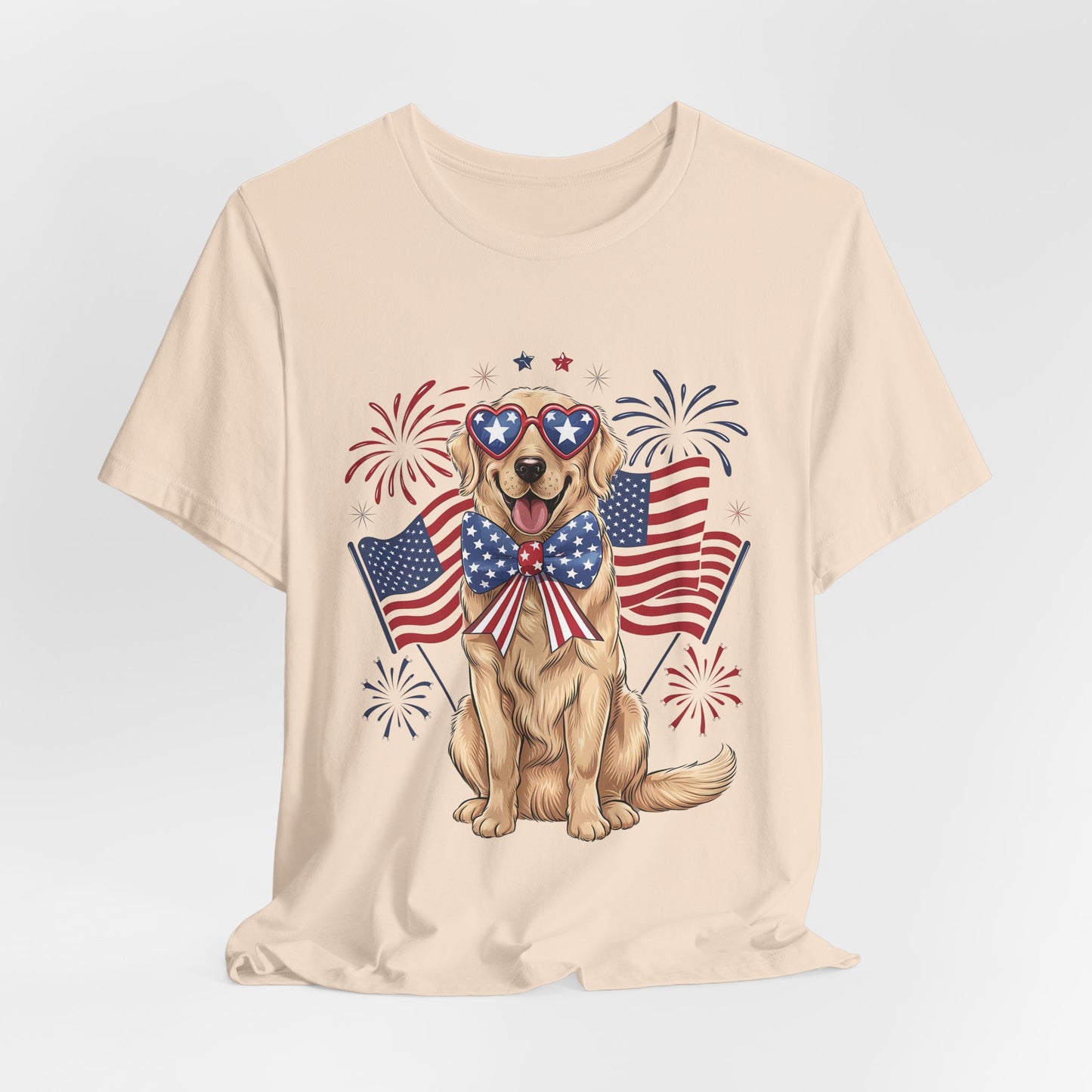 Patriotic Golden Retriever T‑Shirt — USA Flag Dog with Fireworks