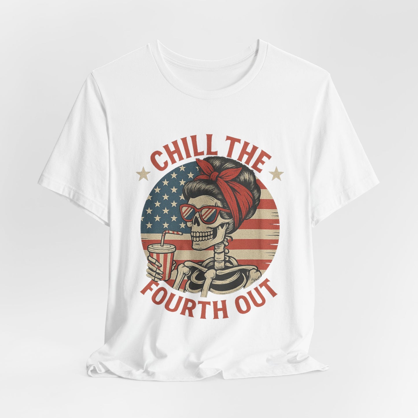Chill the Fourth Out Tee – Retro Skull with American Flag & Drink | 4th of July Patriotic Shirt