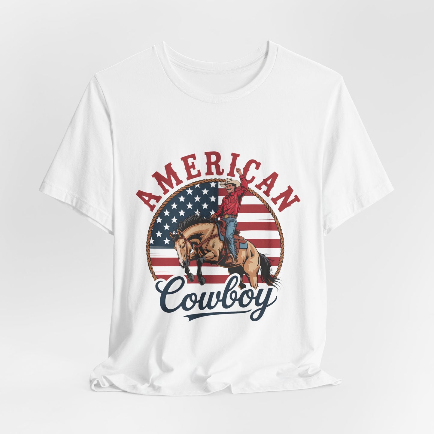 American Cowboy T-Shirt – patriotic rodeo tee with flag and rider