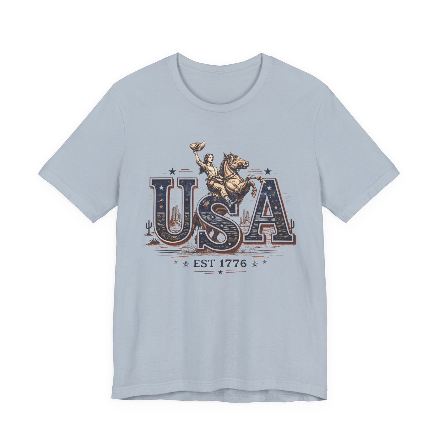 USA Western Rodeo T-Shirt – 'USA EST 1776' Patriotic Cowboy Tee