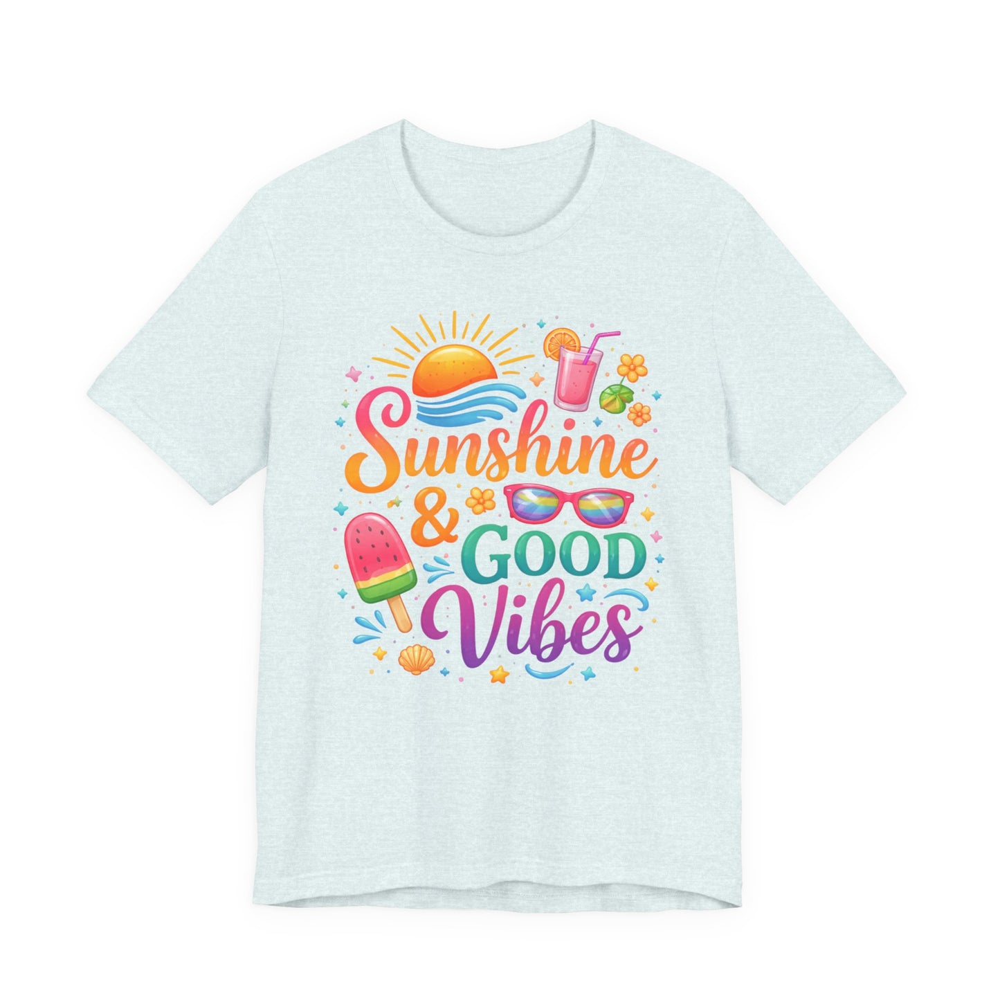 Sunshine & Good Vibes T-Shirt | Summer Beach Drink Sunglasses Popsicle Design