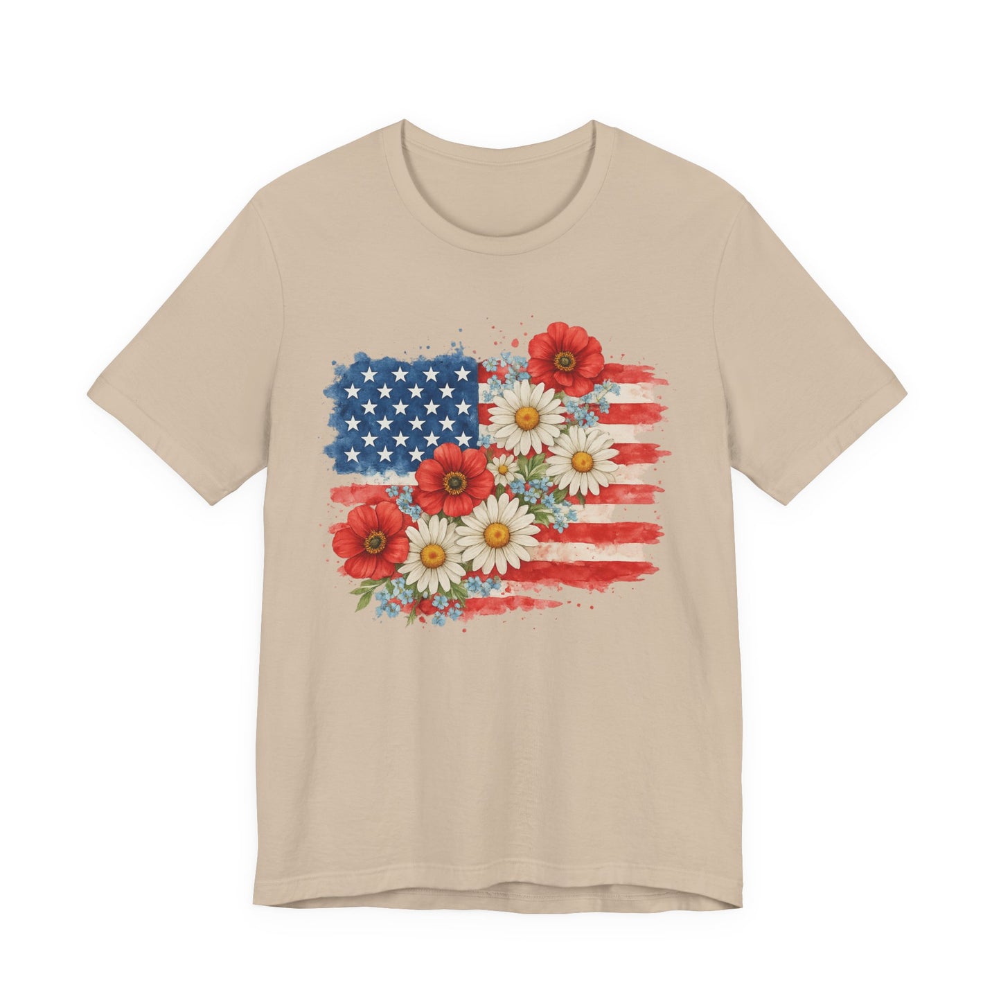 American Flag Floral T‑Shirt – Patriotic Daisy & Poppy USA Tee