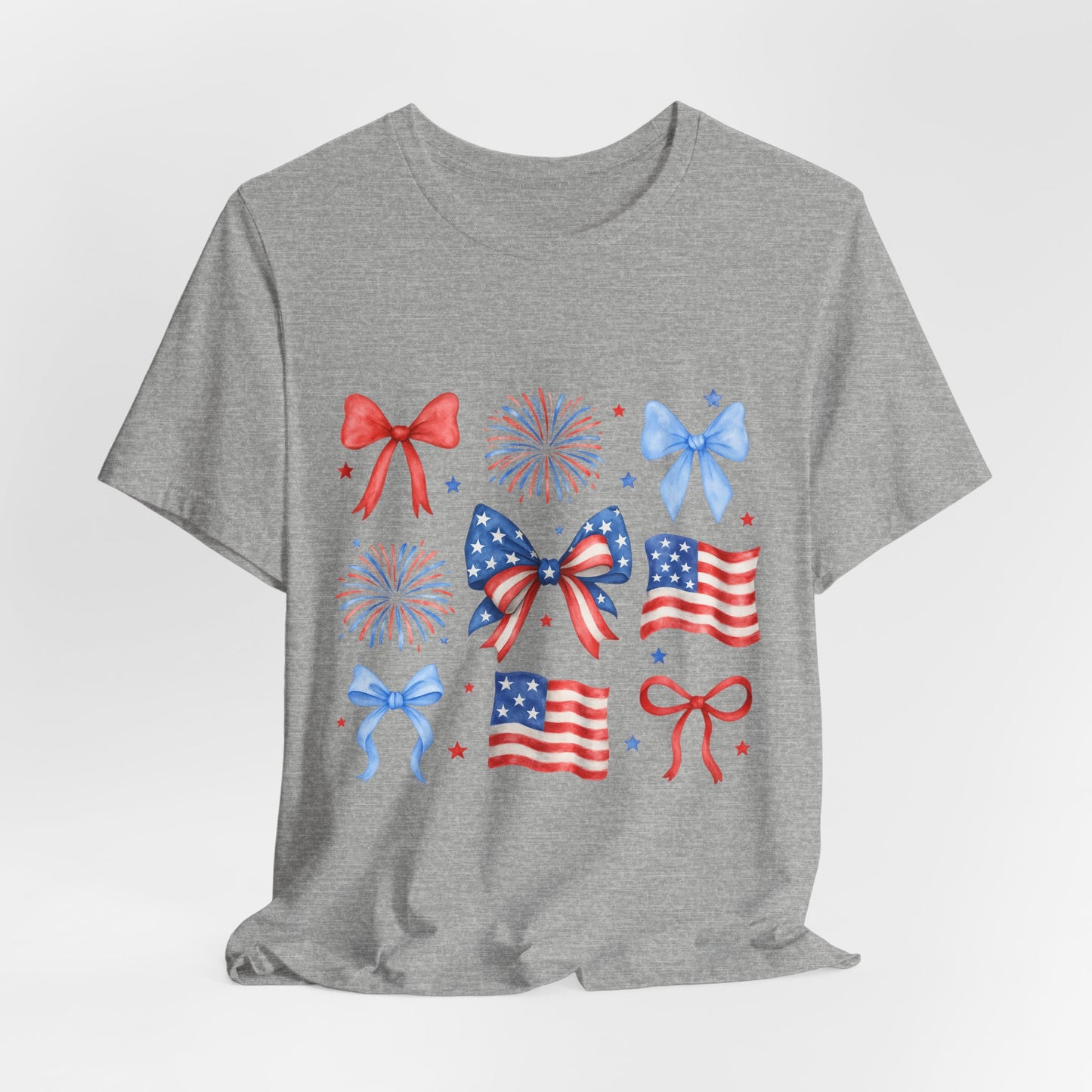 Patriotic Bows & Flags Tee — 4th of July Fireworks Graphic T-Shirt