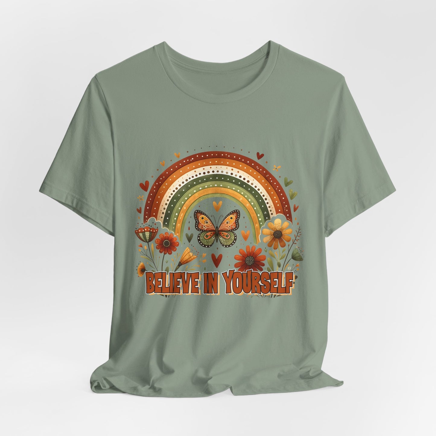 Believe In Yourself Butterfly Tee — Retro Rainbow Floral Inspirational T‑Shirt