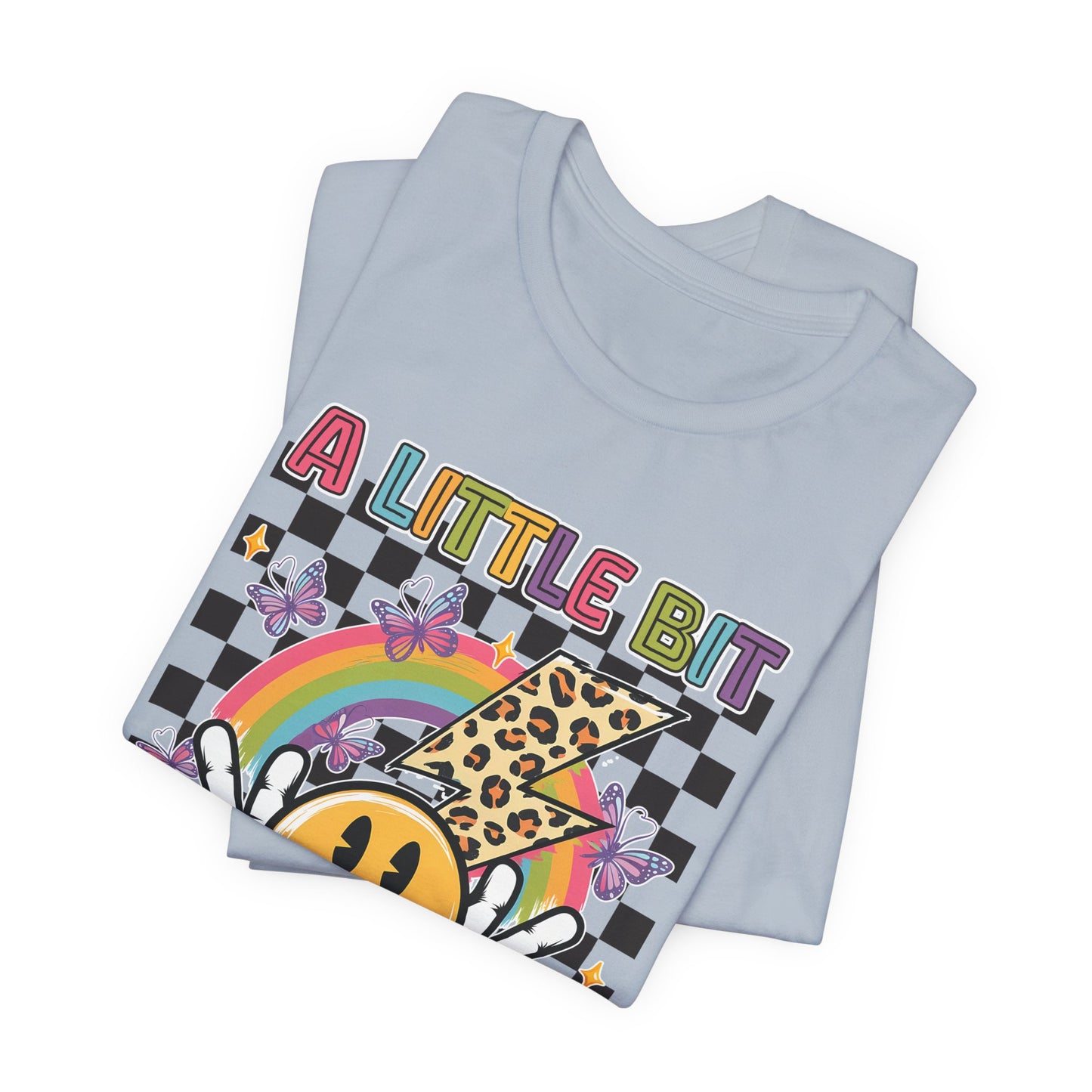 A Little Bit Dramatic Graphic Tee — Smiley Rainbow Checkerboard T-Shirt