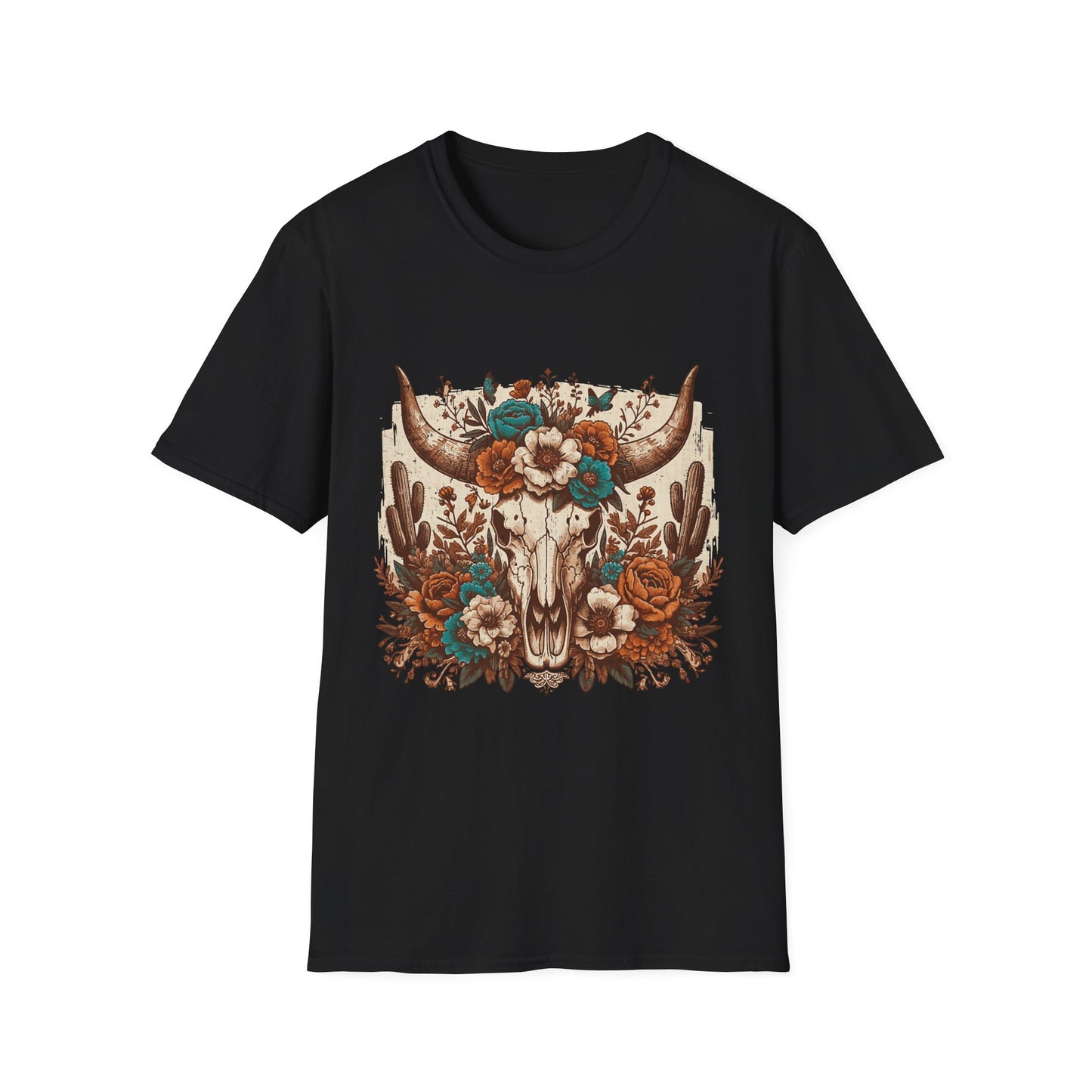 Boho Western Skull T-Shirt — Floral Longhorn Graphic Tee